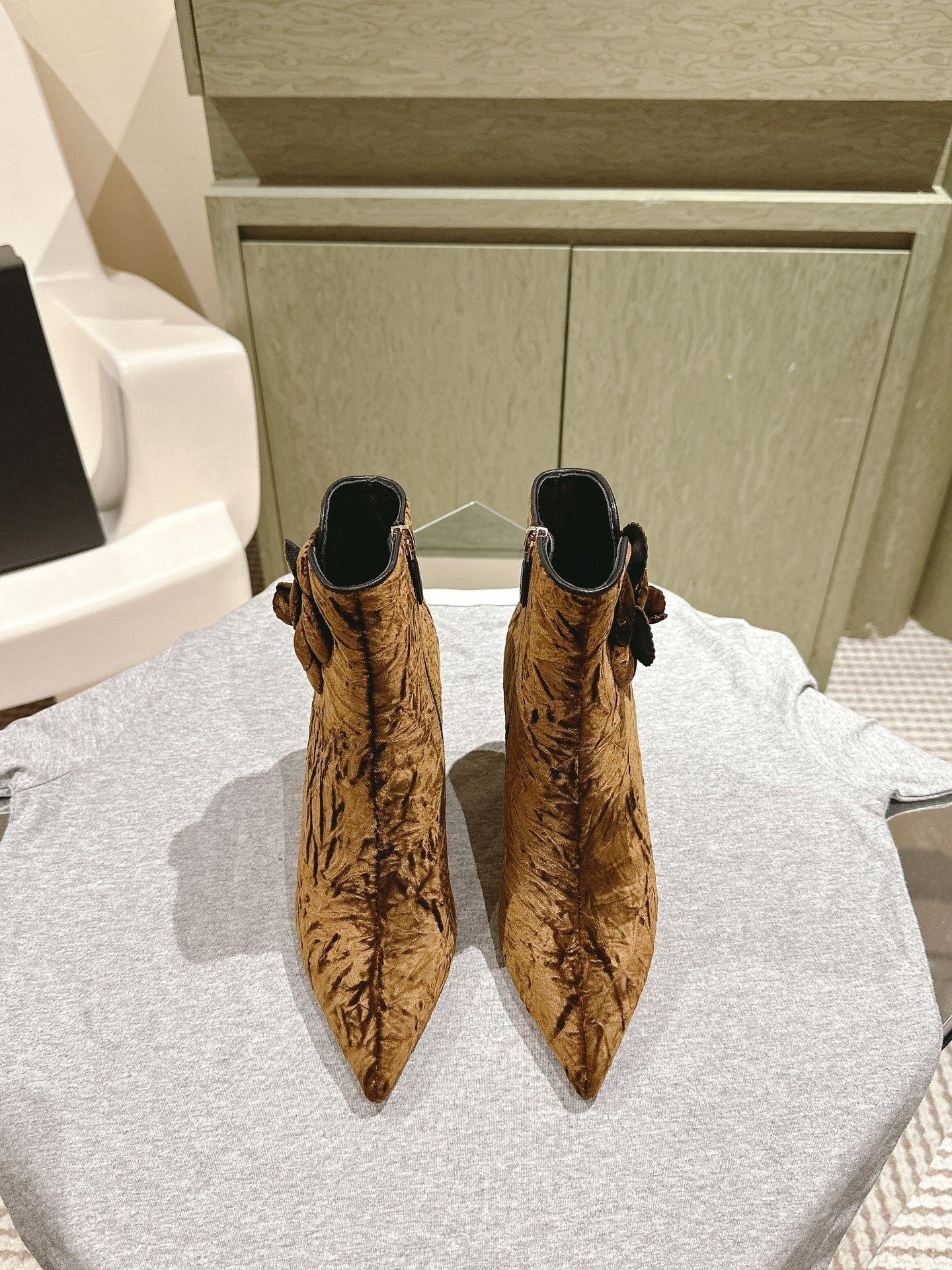 CHANEL Ankle Boots 85mm Brown Yellow Rough Velvet Fabric