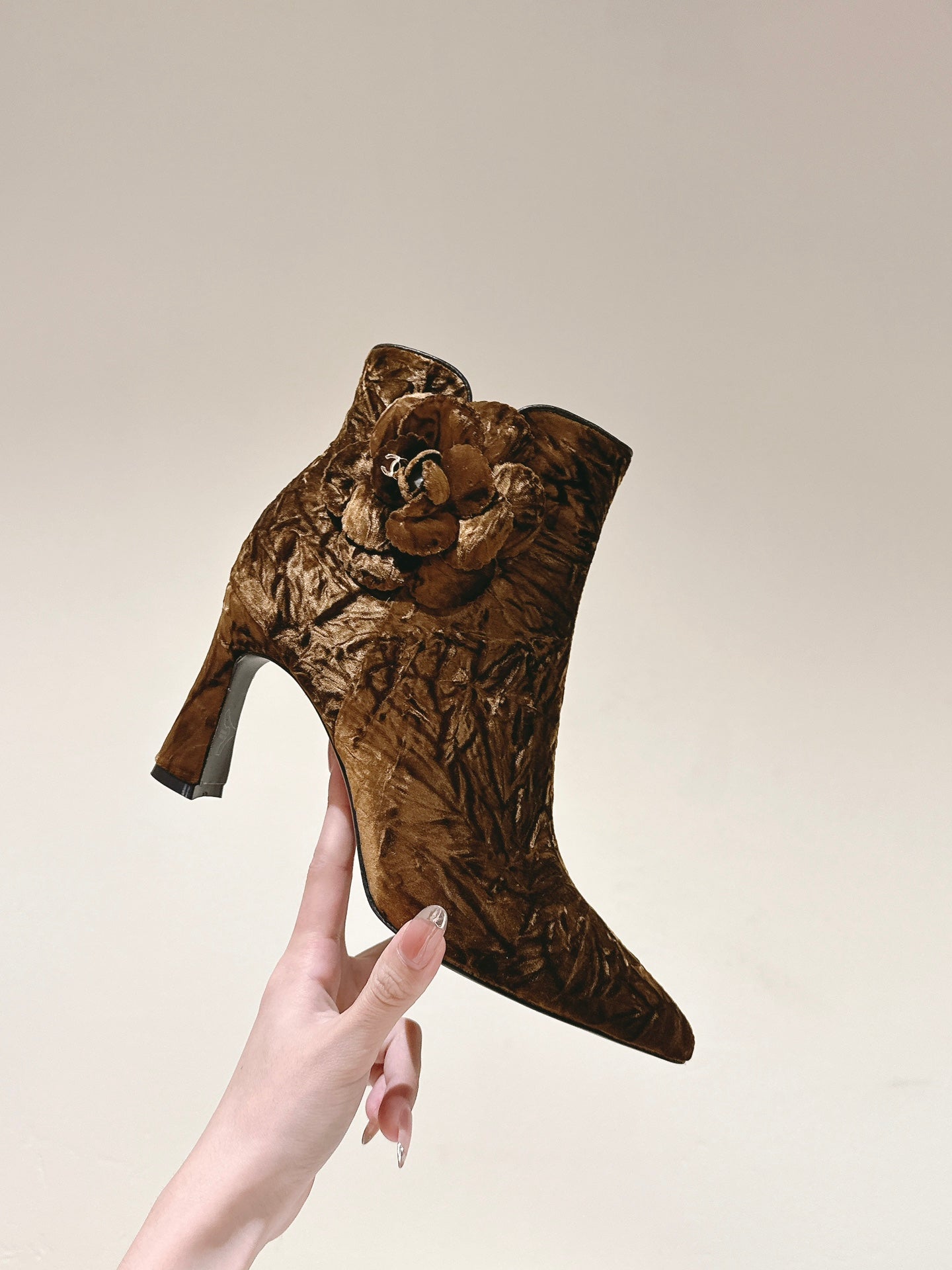 CHANEL Ankle Boots 85mm Brown Yellow Rough Velvet Fabric
