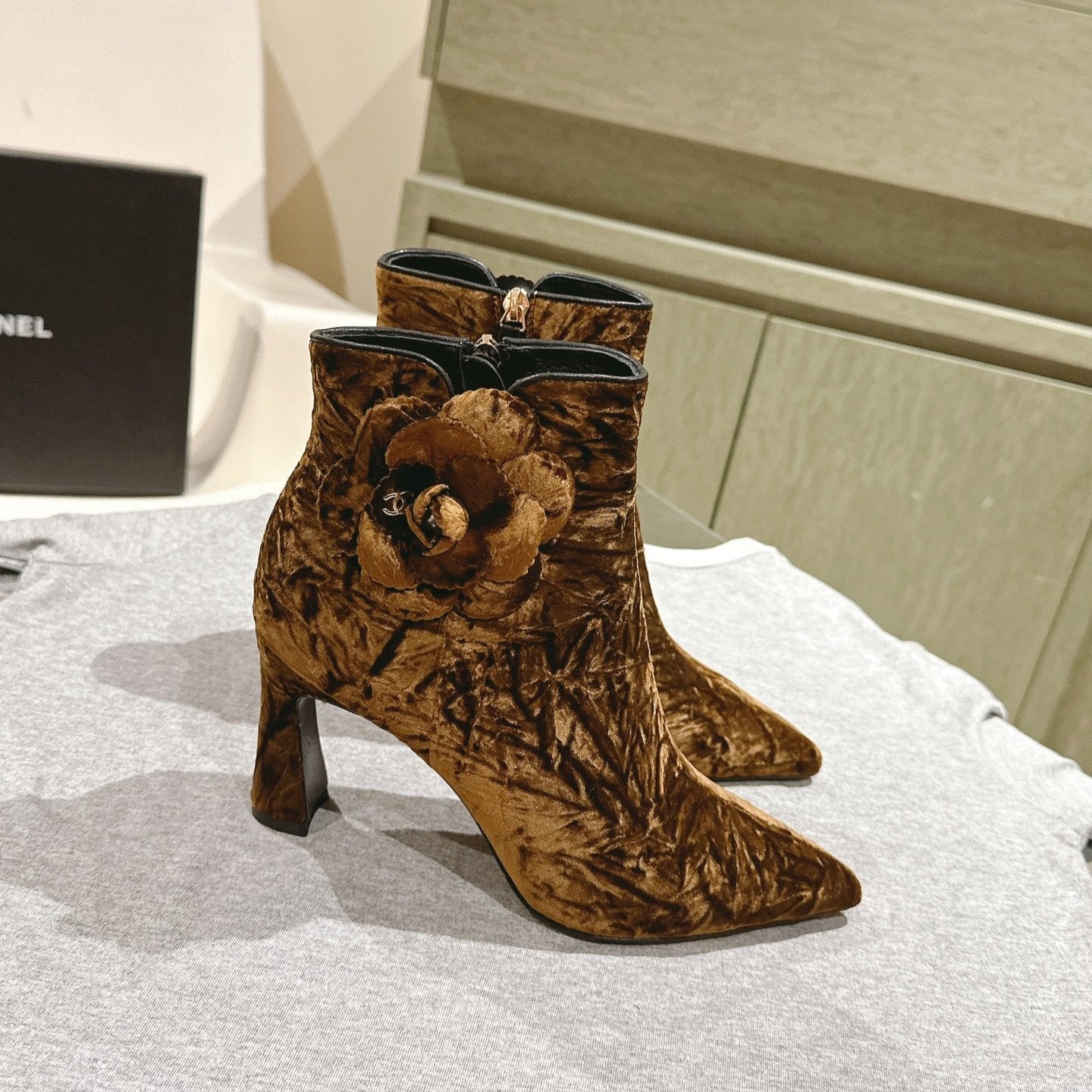 CHANEL Ankle Boots 85mm Brown Yellow Rough Velvet Fabric
