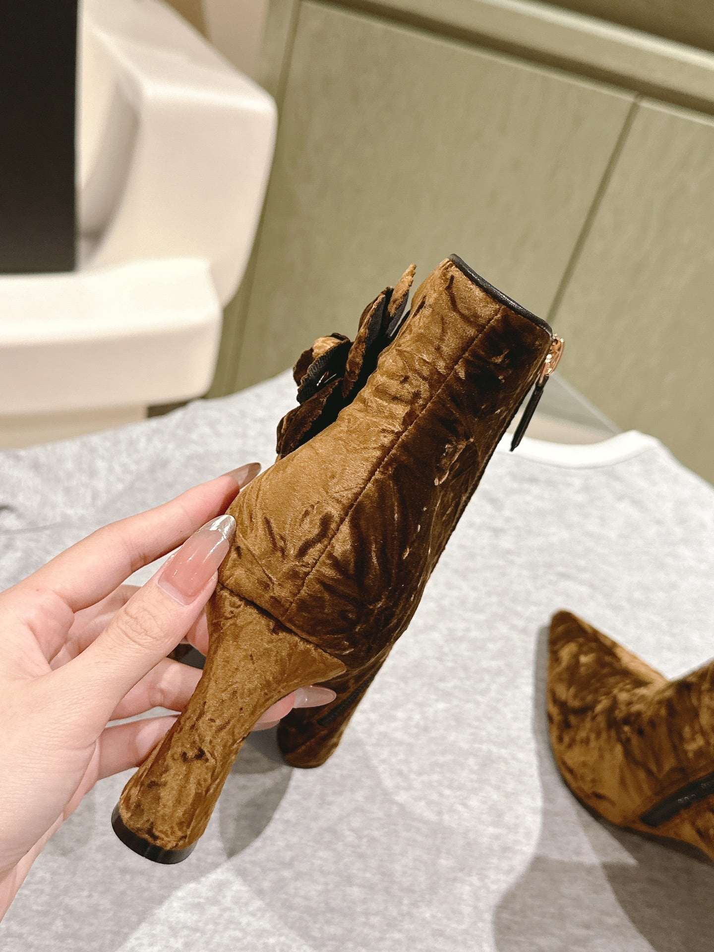 CHANEL Ankle Boots 85mm Brown Yellow Rough Velvet Fabric