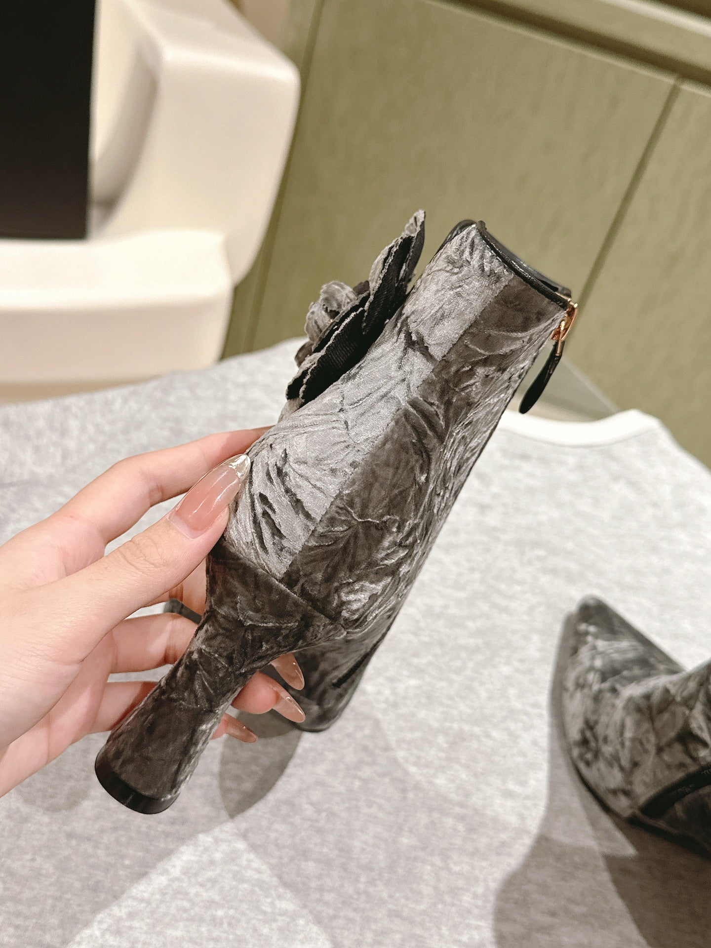 CHANEL Ankle Boots 85mm Silver Rough Velvet Fabric