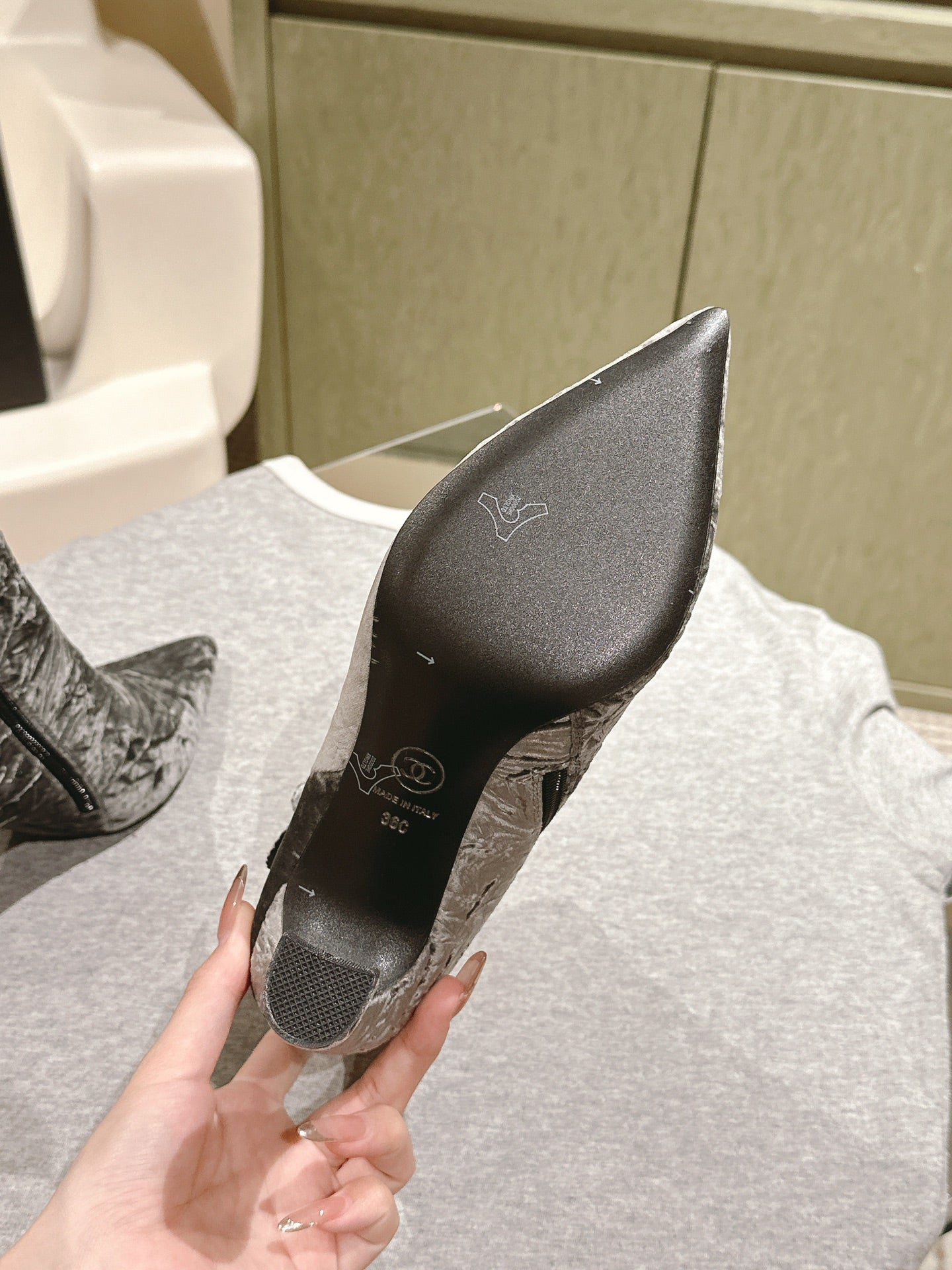 CHANEL Ankle Boots 85mm Silver Rough Velvet Fabric