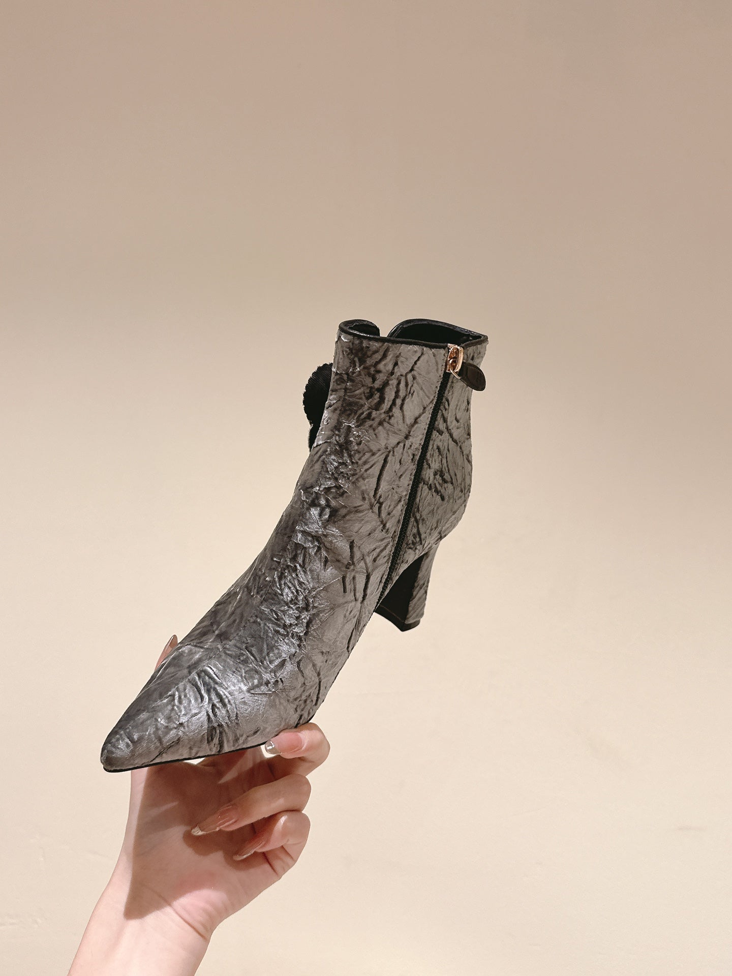 CHANEL Ankle Boots 85mm Silver Rough Velvet Fabric