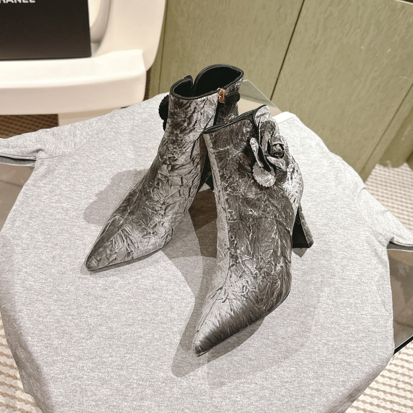 CHANEL Ankle Boots 85mm Silver Rough Velvet Fabric