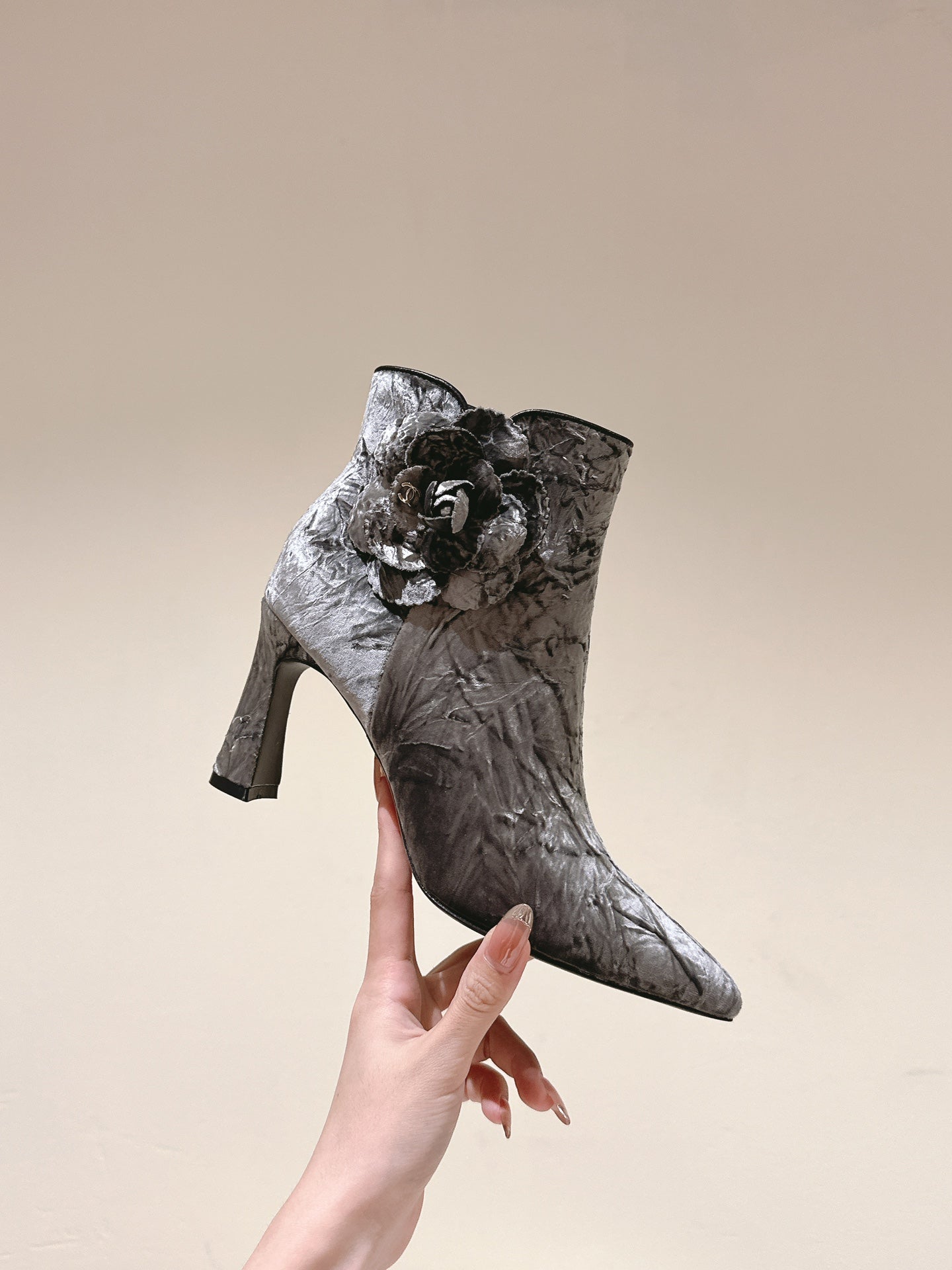 CHANEL Ankle Boots 85mm Silver Rough Velvet Fabric