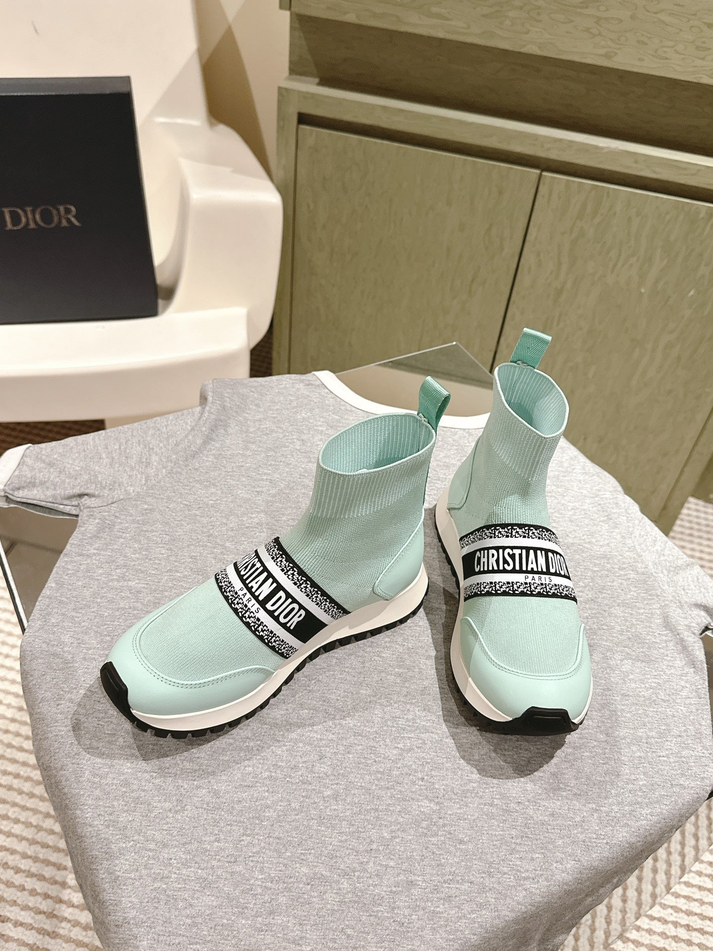 DIOR High-Top Sneaker 40mm Jade Green Stretch Wool And Lambskin