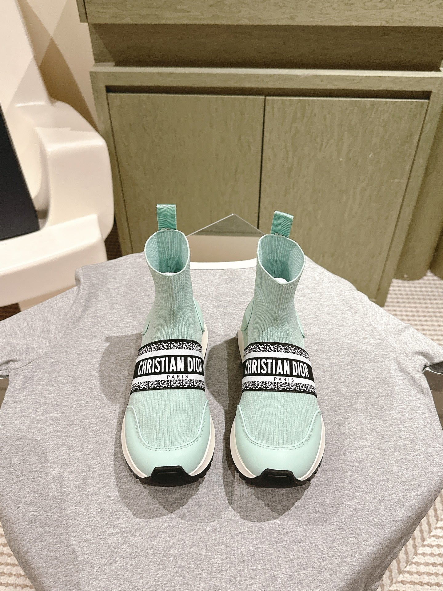 DIOR High-Top Sneaker 40mm Jade Green Stretch Wool And Lambskin