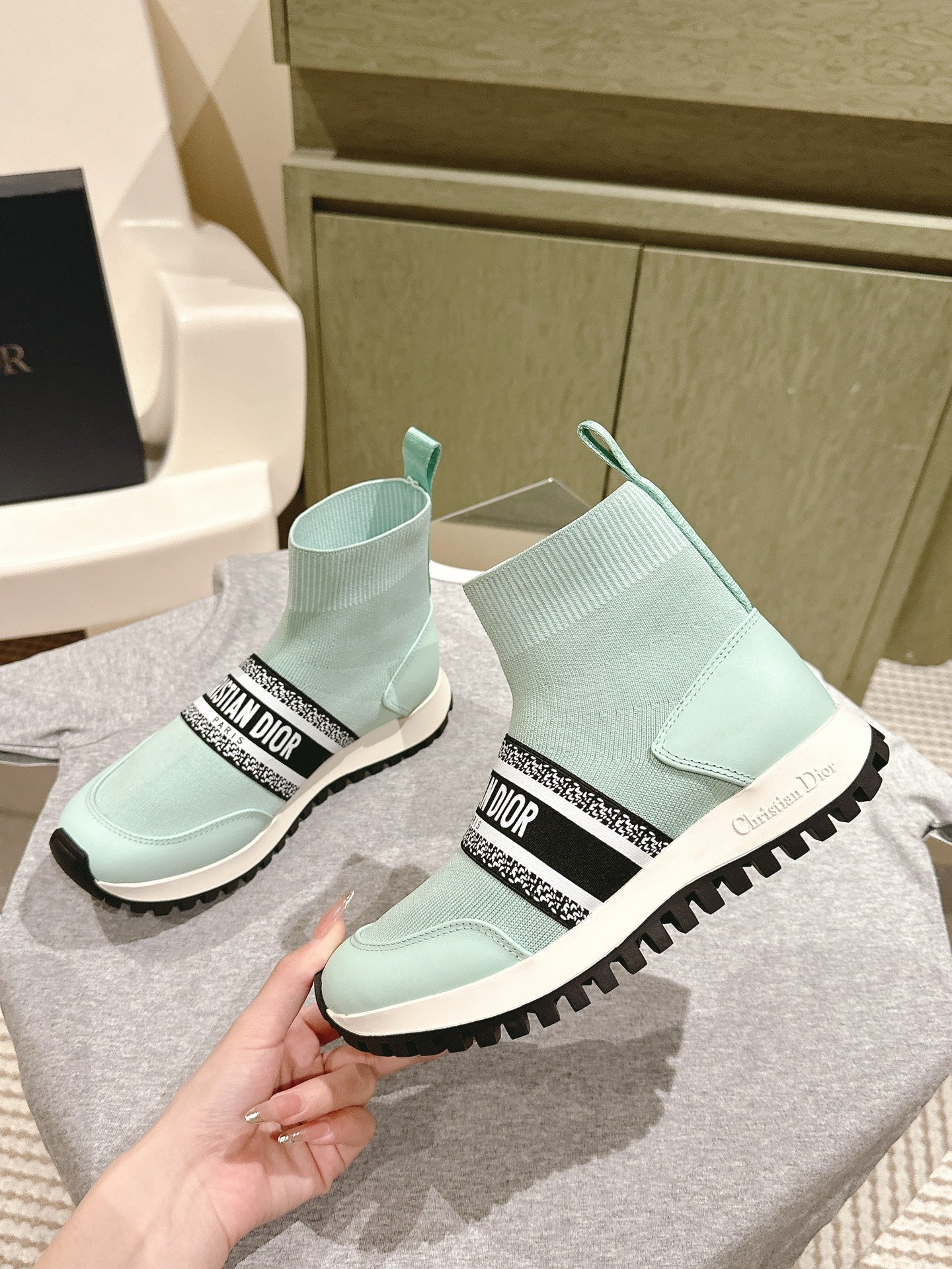 DIOR High-Top Sneaker 40mm Jade Green Stretch Wool And Lambskin