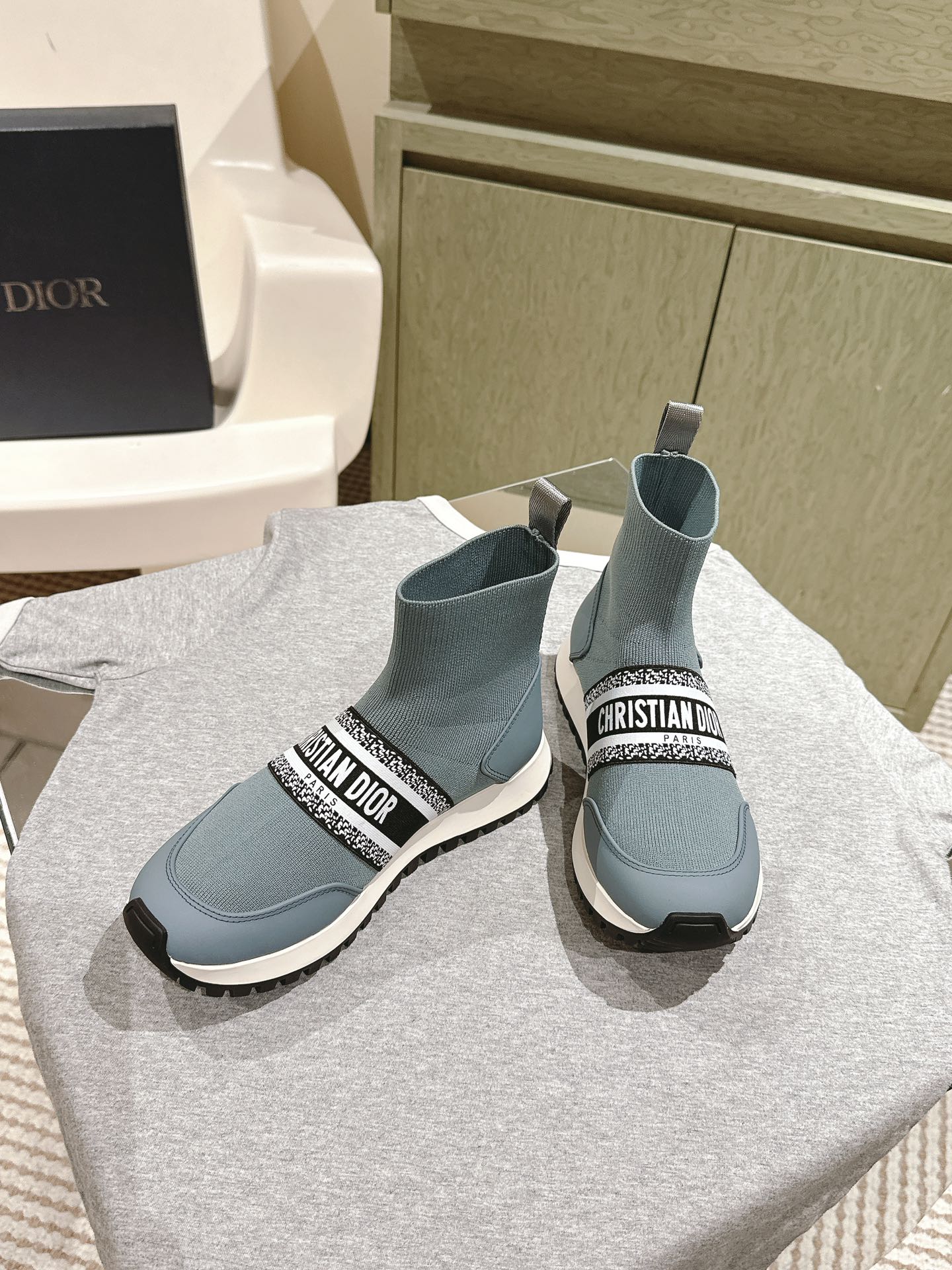 DIOR High-Top Sneaker 40mm Blue Grey Stretch Wool And Lambskin