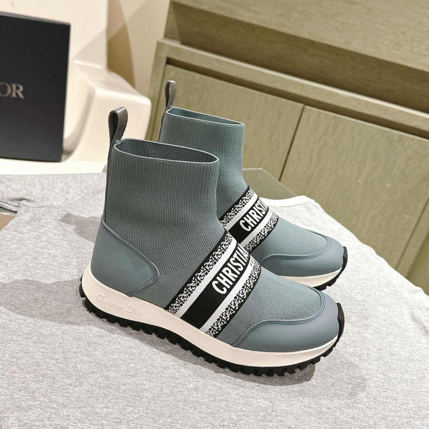 DIOR High-Top Sneaker 40mm Blue Grey Stretch Wool And Lambskin