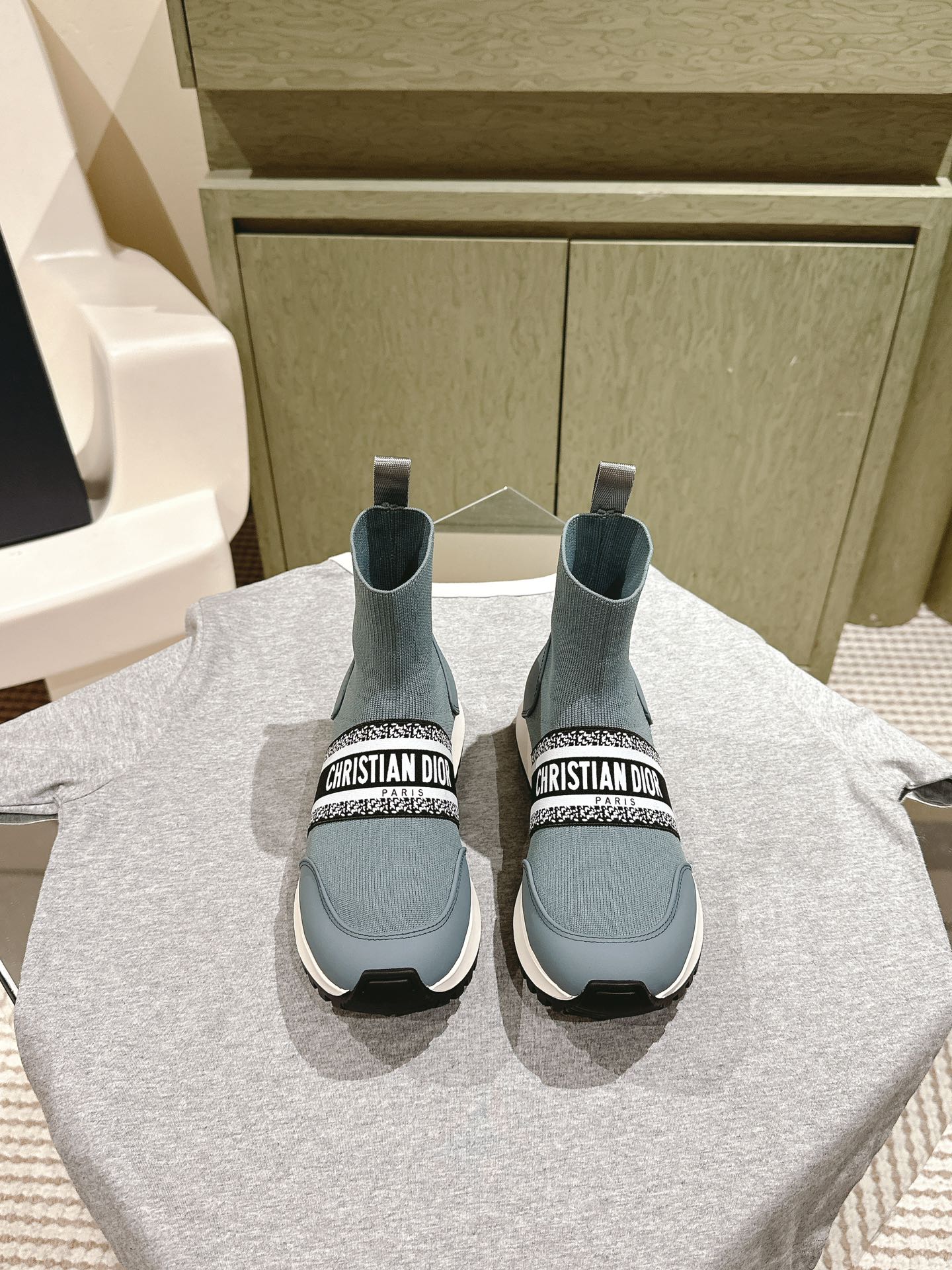 DIOR High-Top Sneaker 40mm Blue Grey Stretch Wool And Lambskin