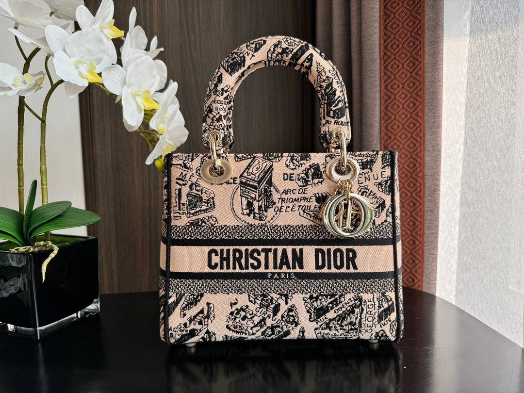 DIOR medium lady 24 black pink embroidery canvas