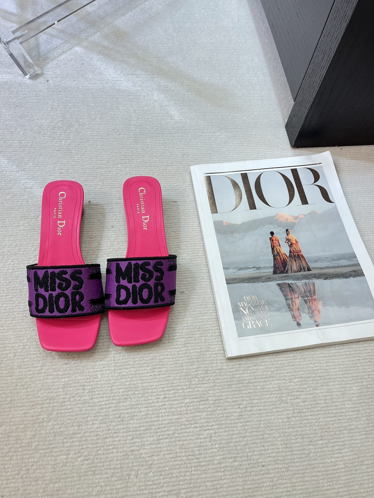 DIOR dway heeled slide 35 purple red embroidered cotton