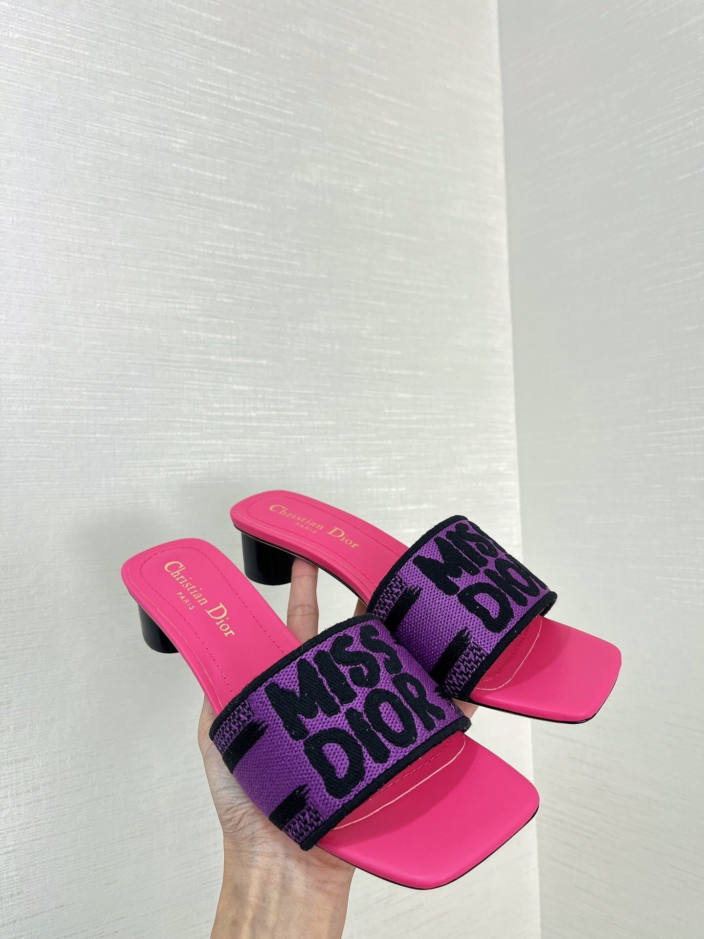 DIOR dway heeled slide 35 purple red embroidered cotton