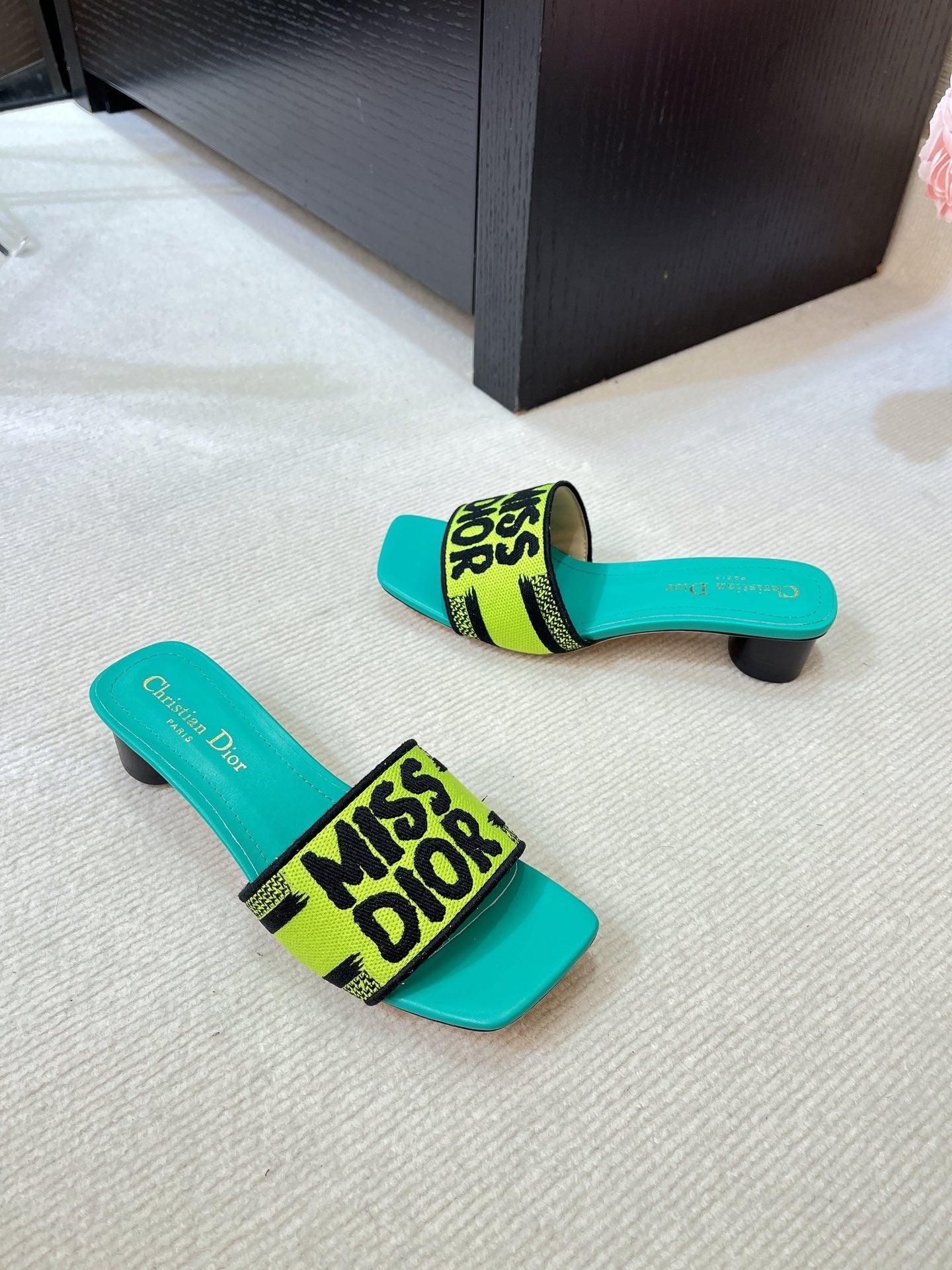 DIOR dway heeled slide 35 lime blue embroidered cotton