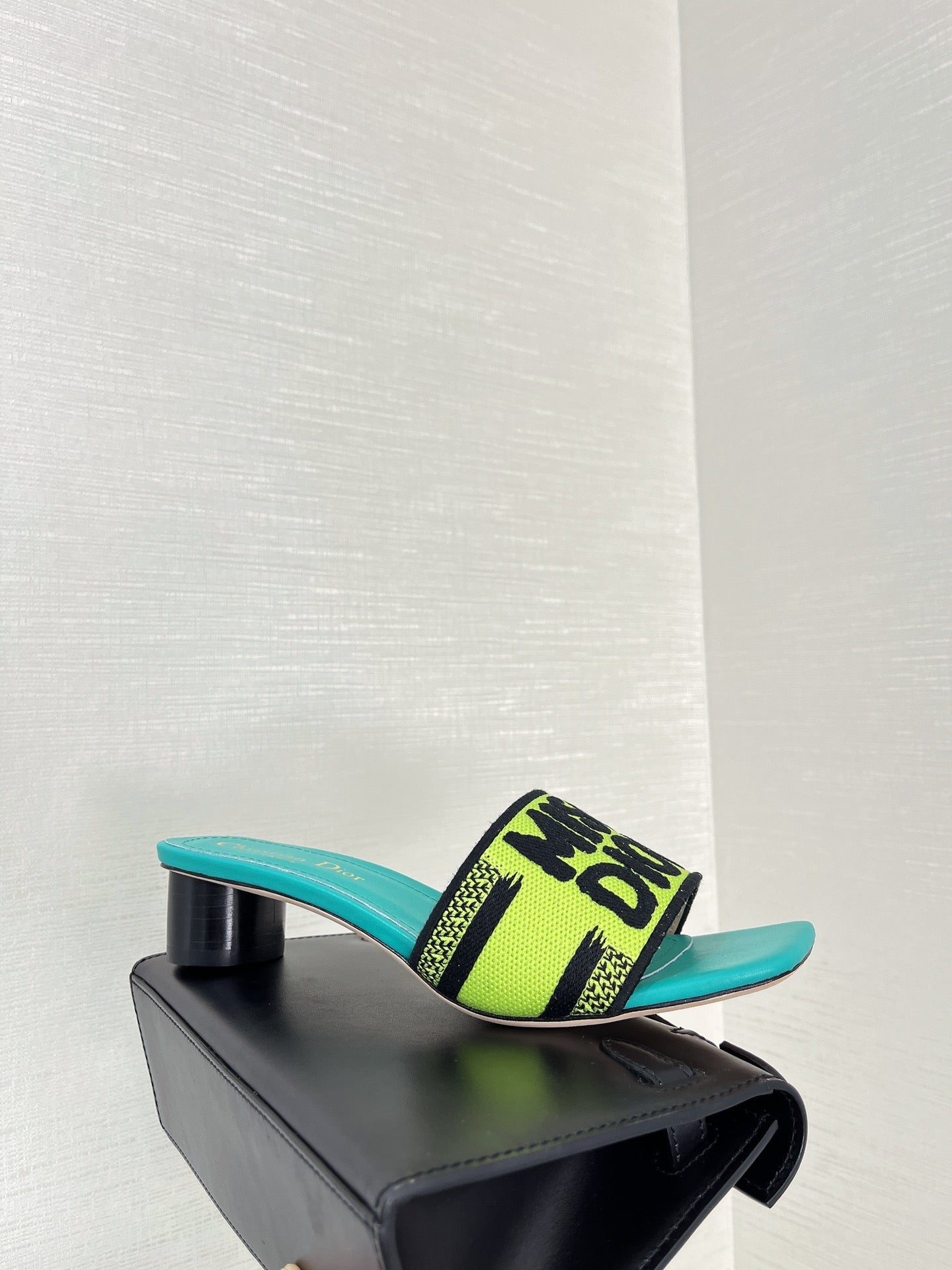 DIOR dway heeled slide 35 lime blue embroidered cotton
