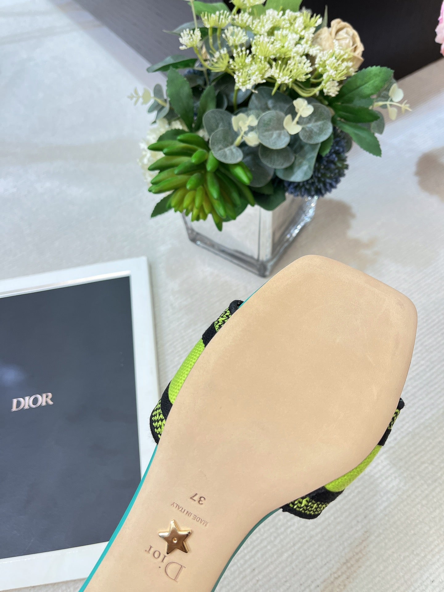 DIOR dway heeled slide 35 lime blue embroidered cotton