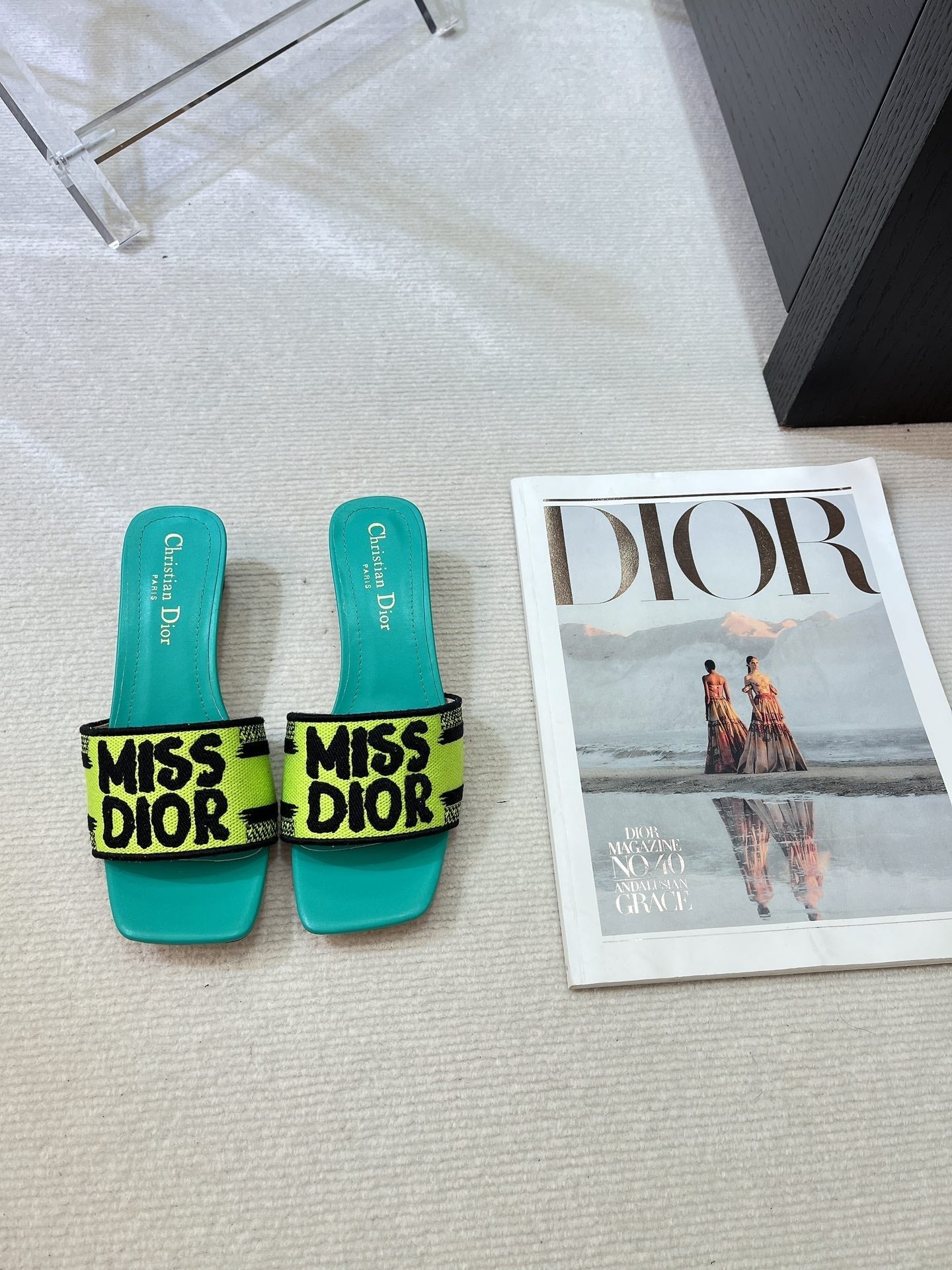 DIOR dway heeled slide 35 lime blue embroidered cotton