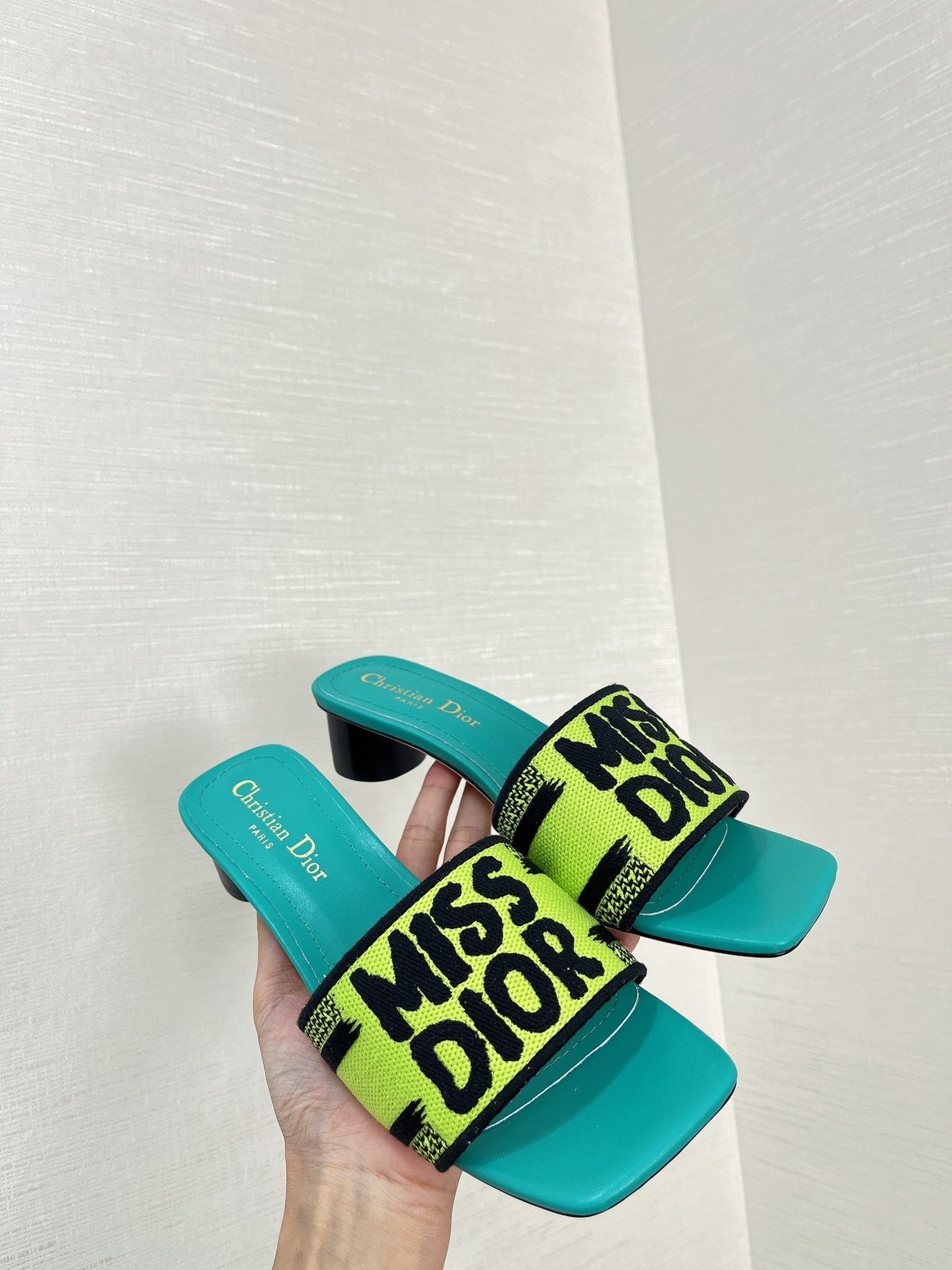 DIOR dway heeled slide 35 lime blue embroidered cotton