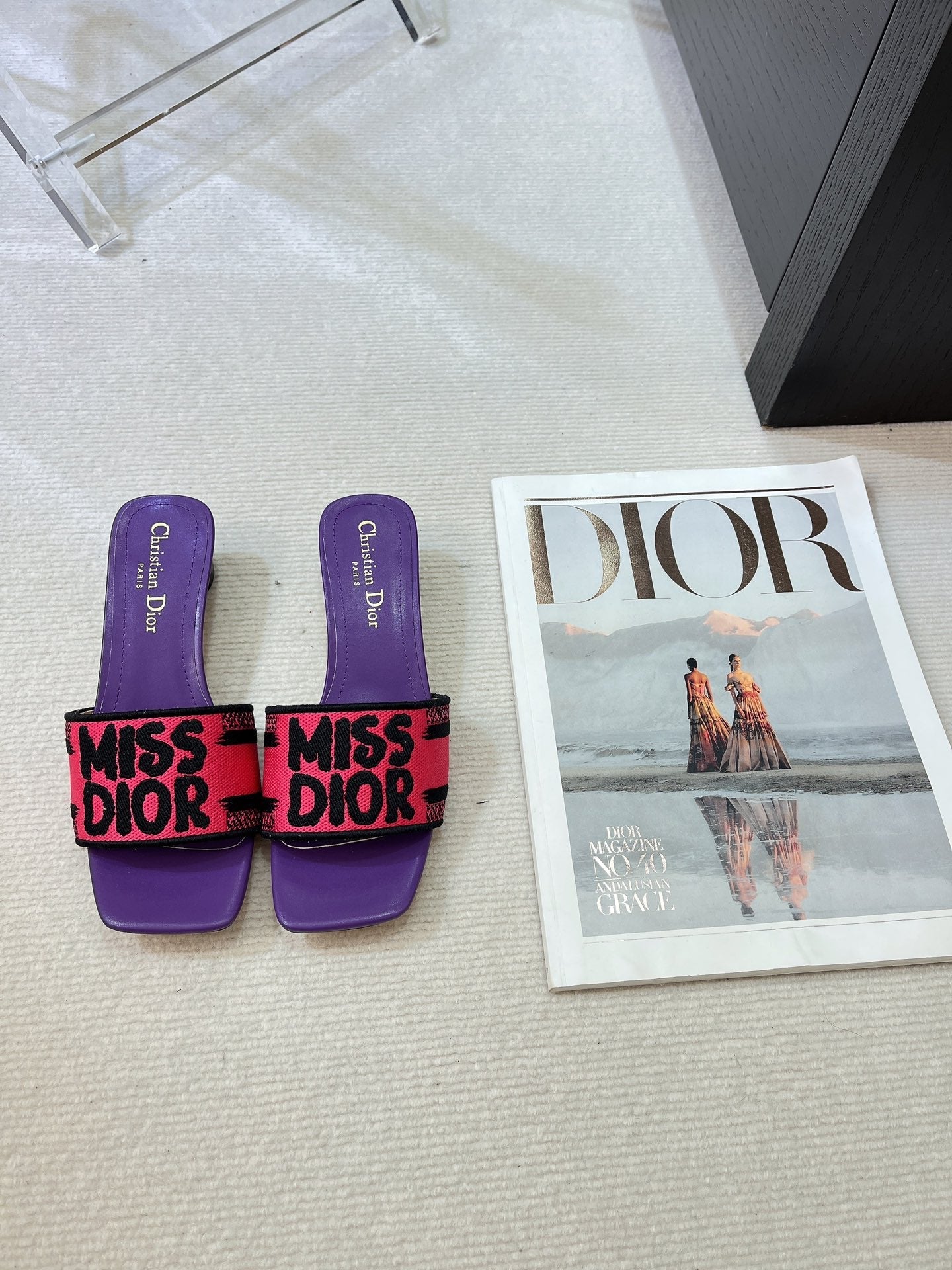 DIOR dway heeled slide 35 red purple embroidered cotton