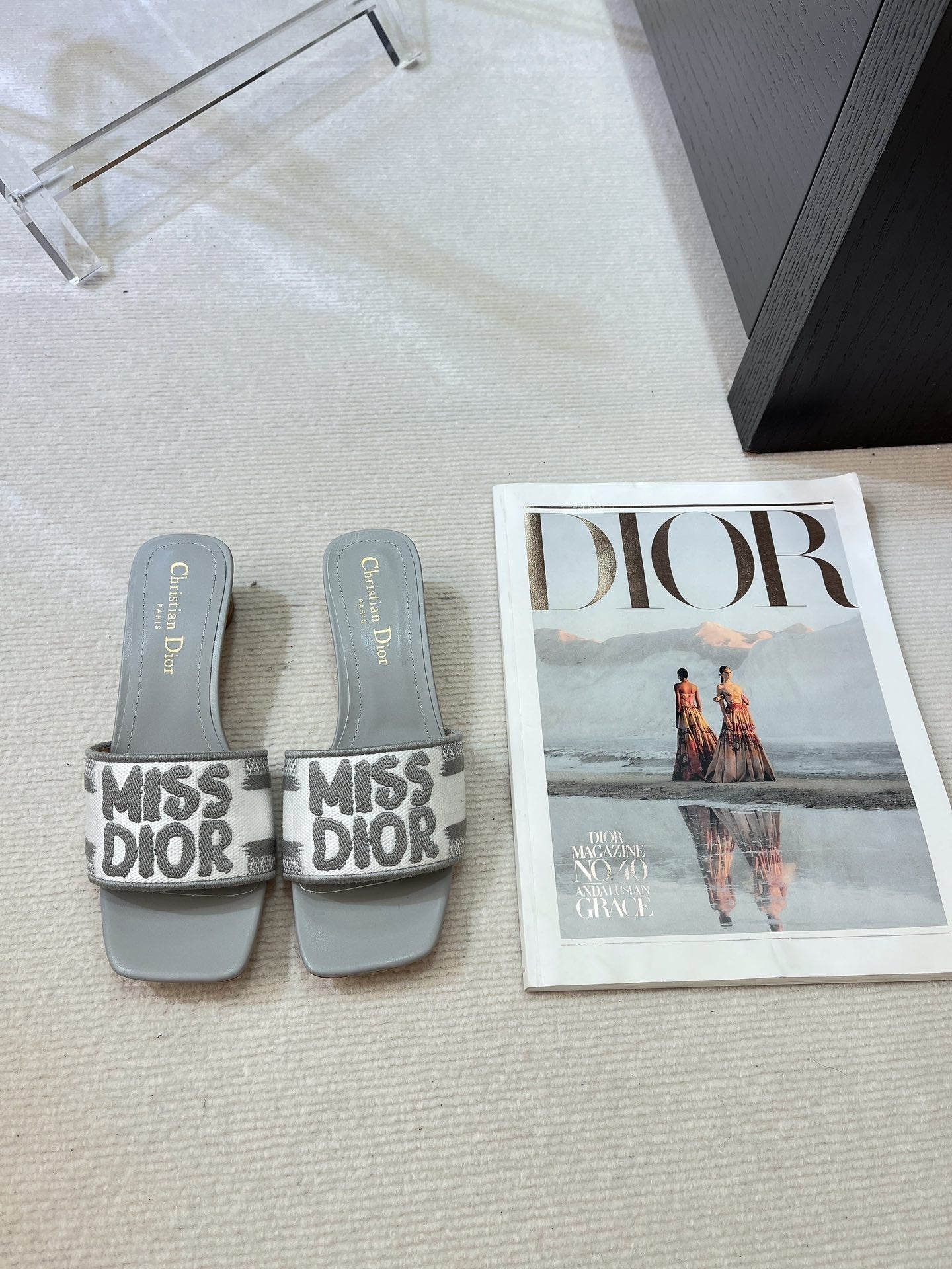 DIOR dway heeled slide 35 grey embroidered cotton