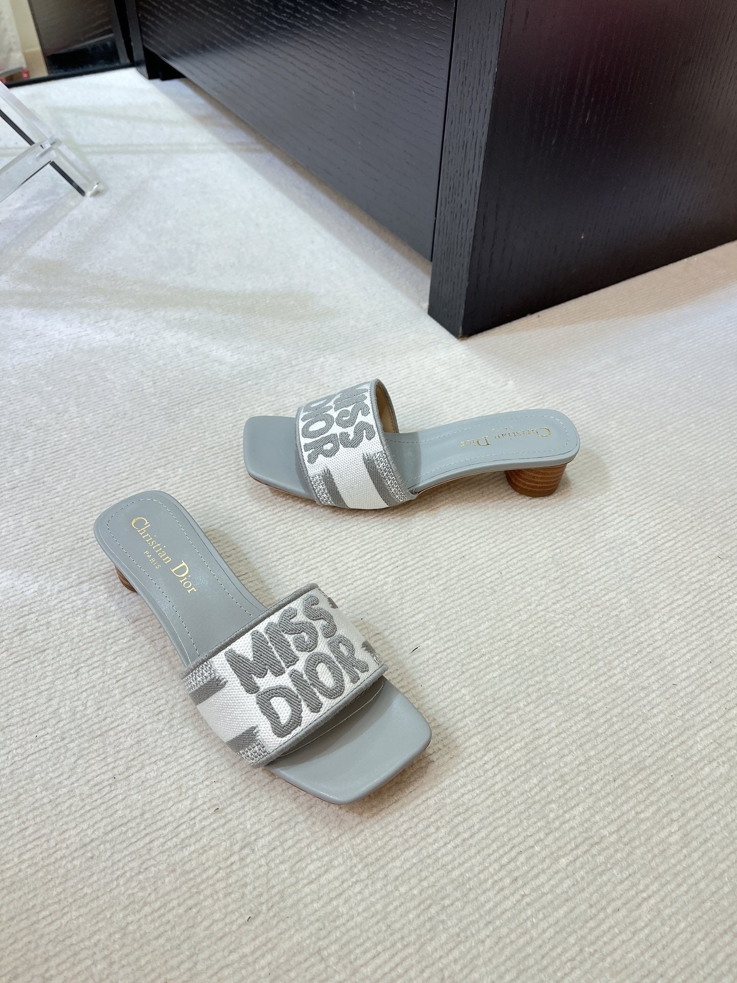 DIOR dway heeled slide 35 grey embroidered cotton