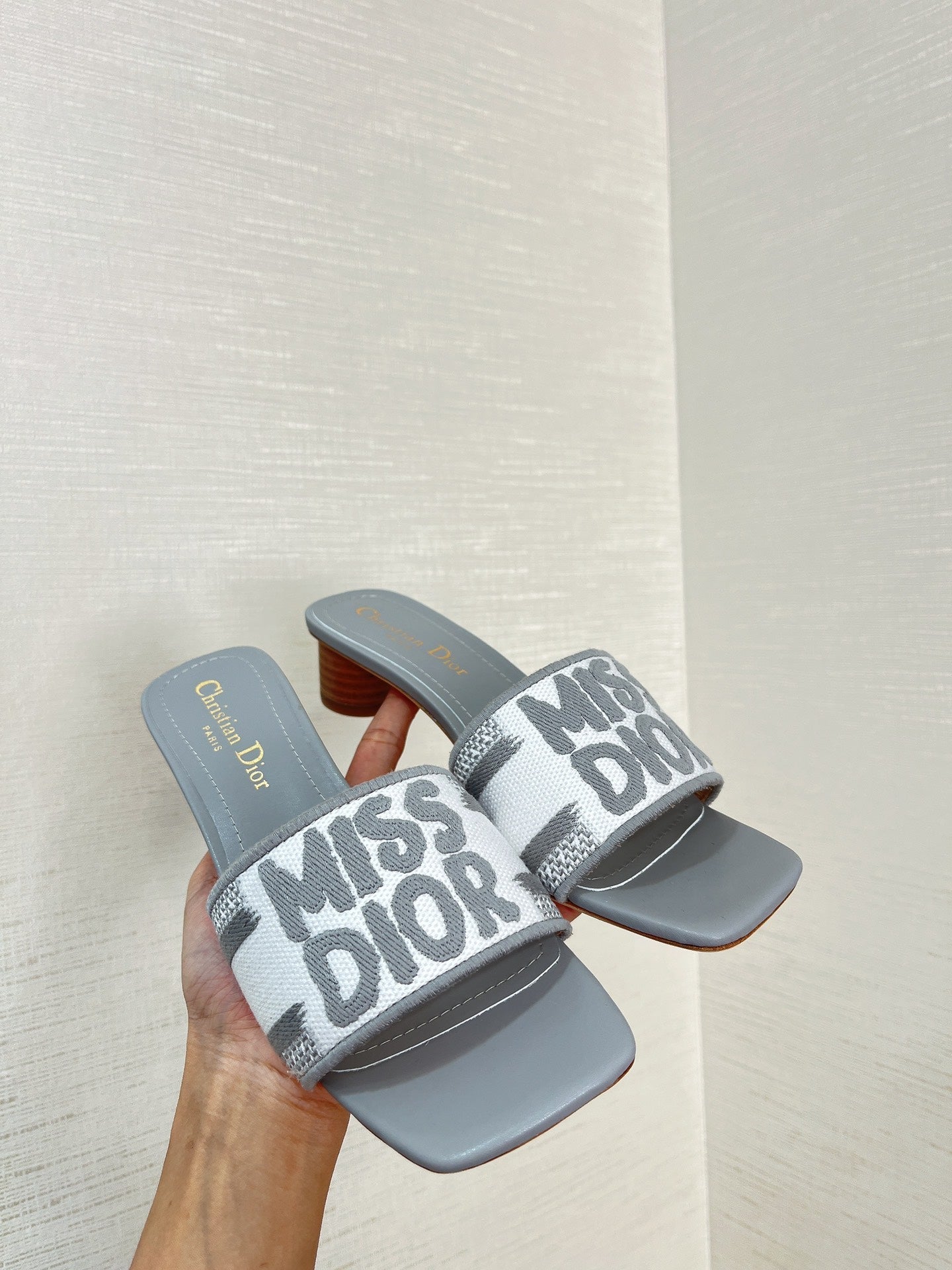 DIOR dway heeled slide 35 grey embroidered cotton