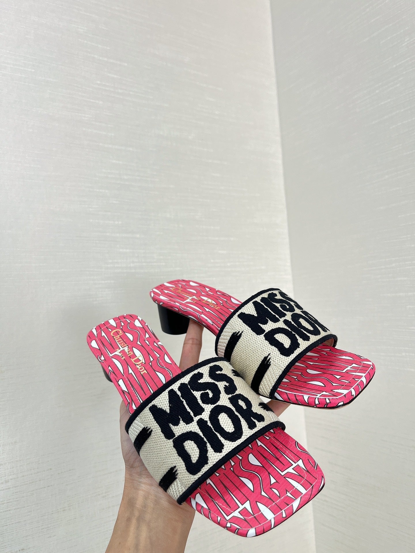 DIOR dway heeled slide 35 embroidered cotton red miss alllover motif