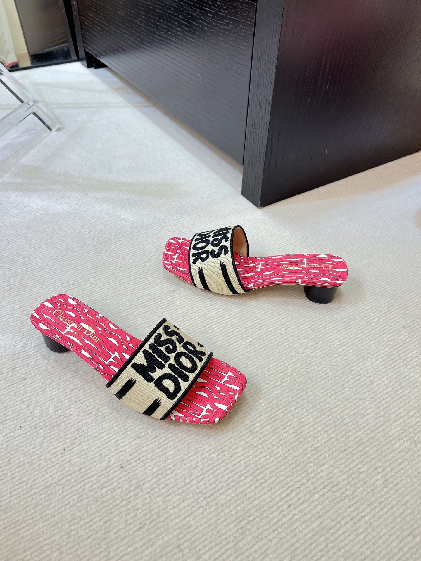 DIOR dway heeled slide 35 embroidered cotton red miss alllover motif