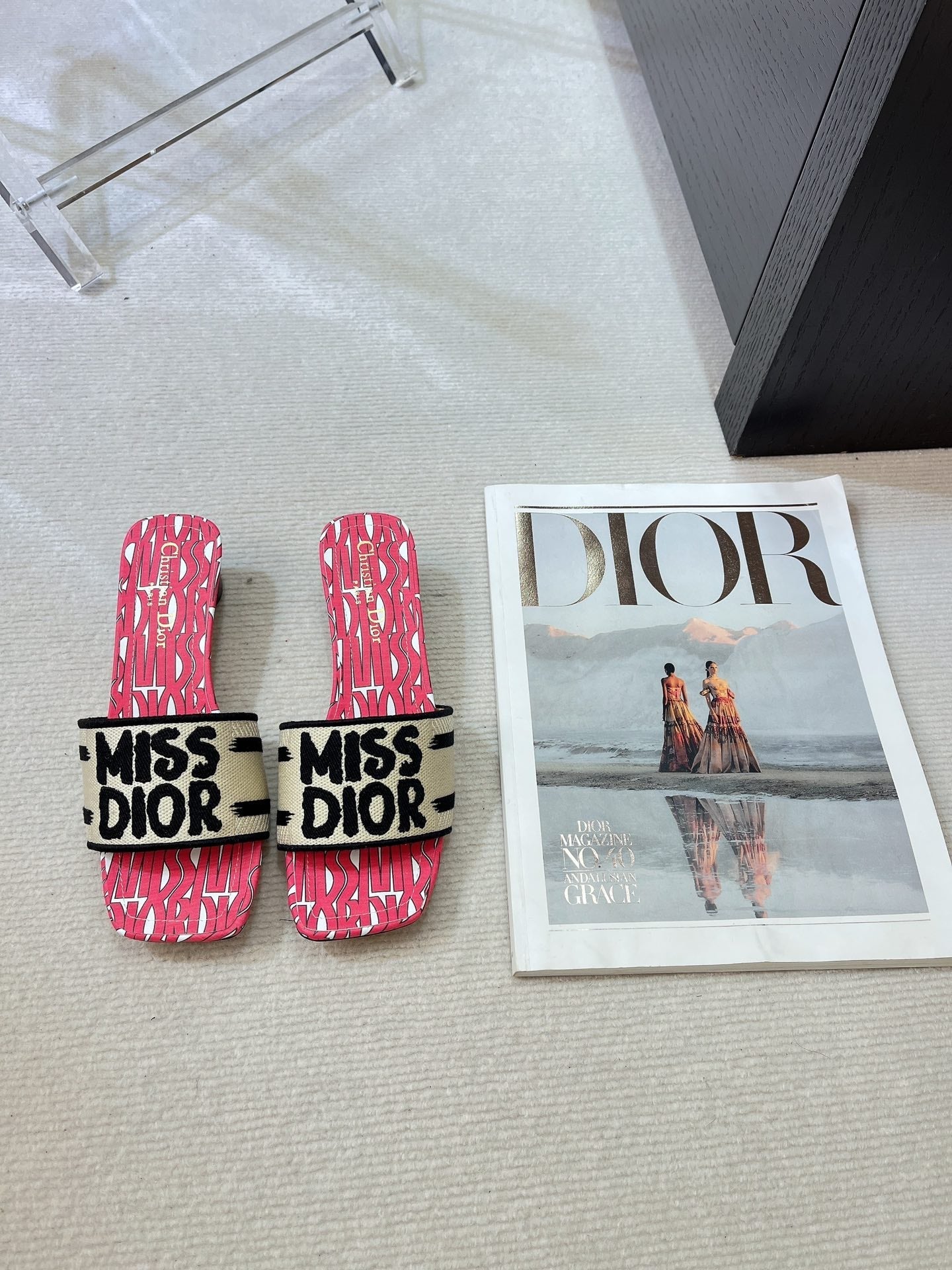 DIOR dway heeled slide 35 embroidered cotton red miss alllover motif