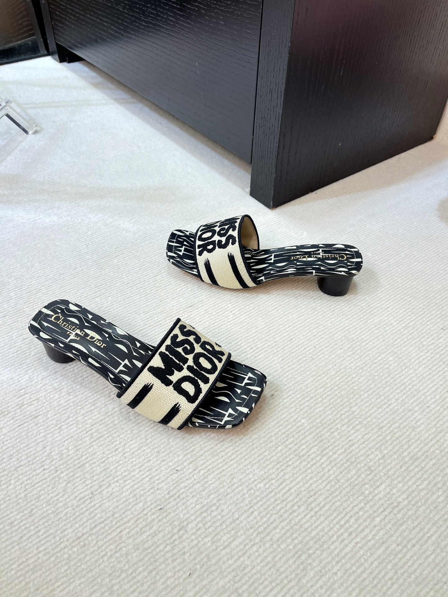 DIOR dway heeled slide 35 embroidered cotton black miss alllover motif