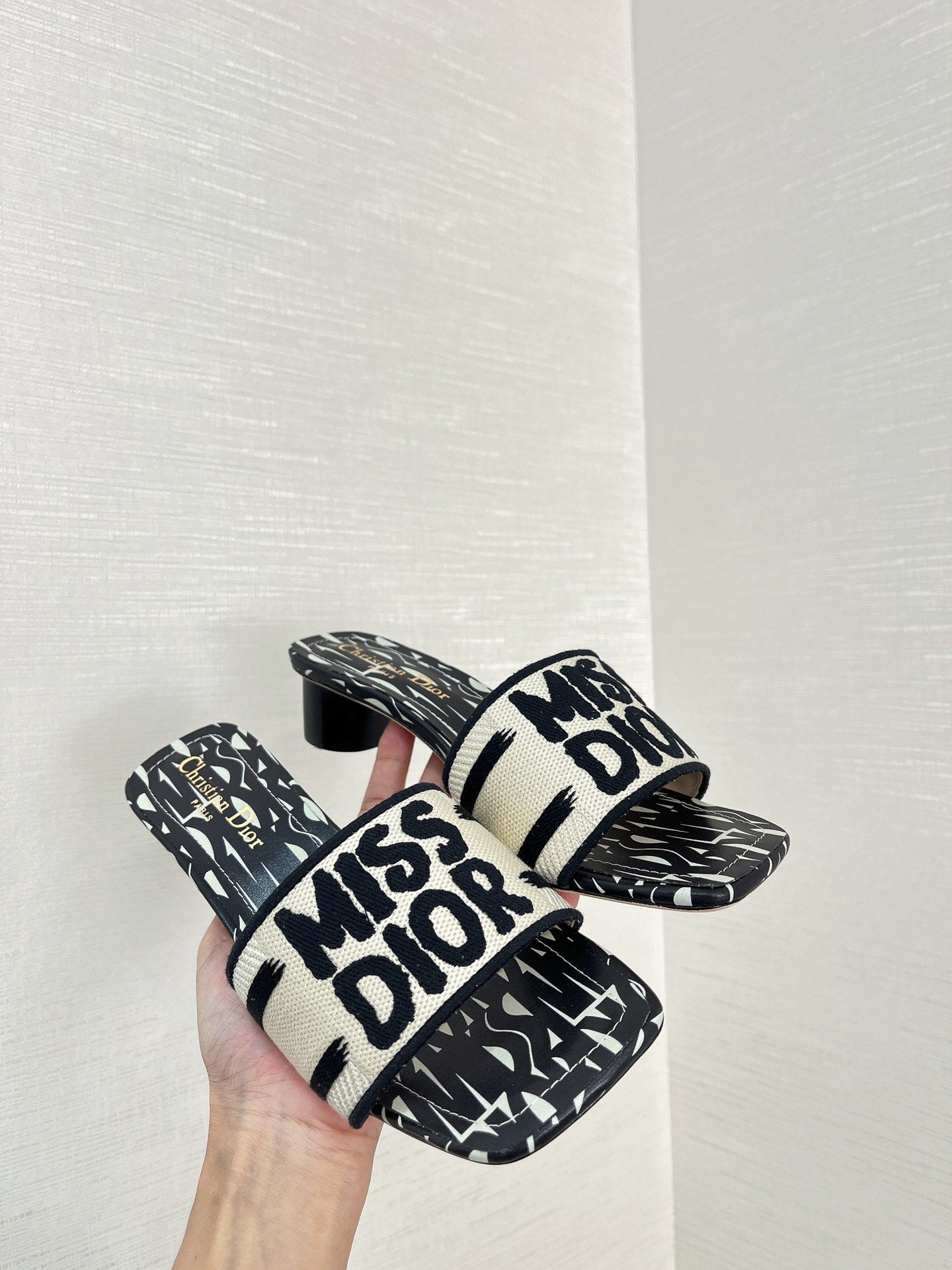 DIOR dway heeled slide 35 embroidered cotton black miss alllover motif