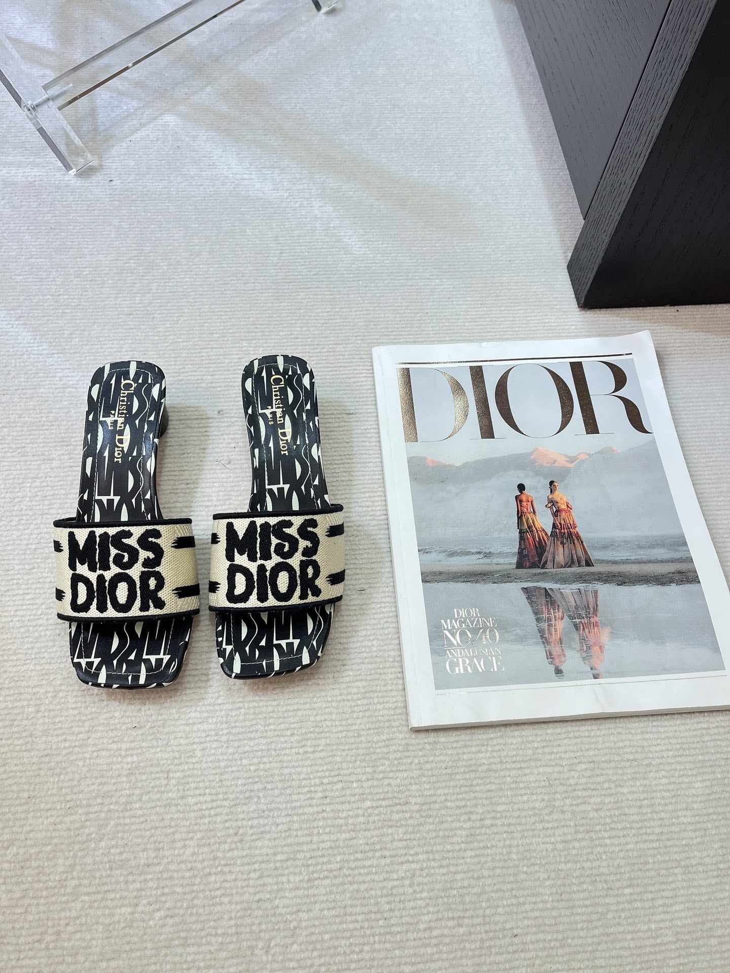 DIOR dway heeled slide 35 embroidered cotton black miss alllover motif