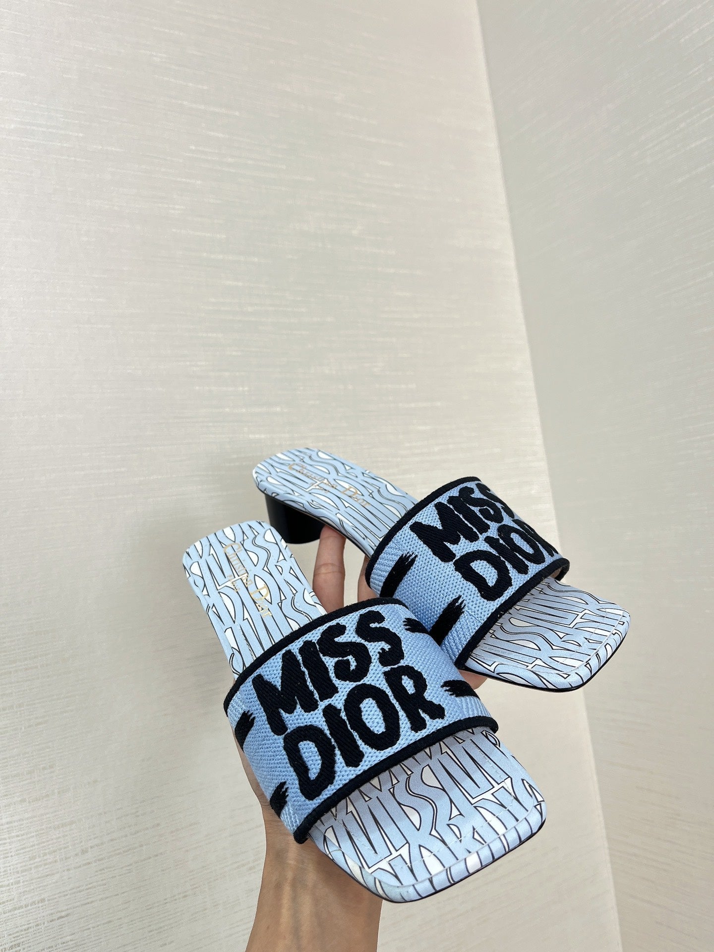 DIOR dway heeled slide 35 embroidered cotton cloud blue miss alllover motif