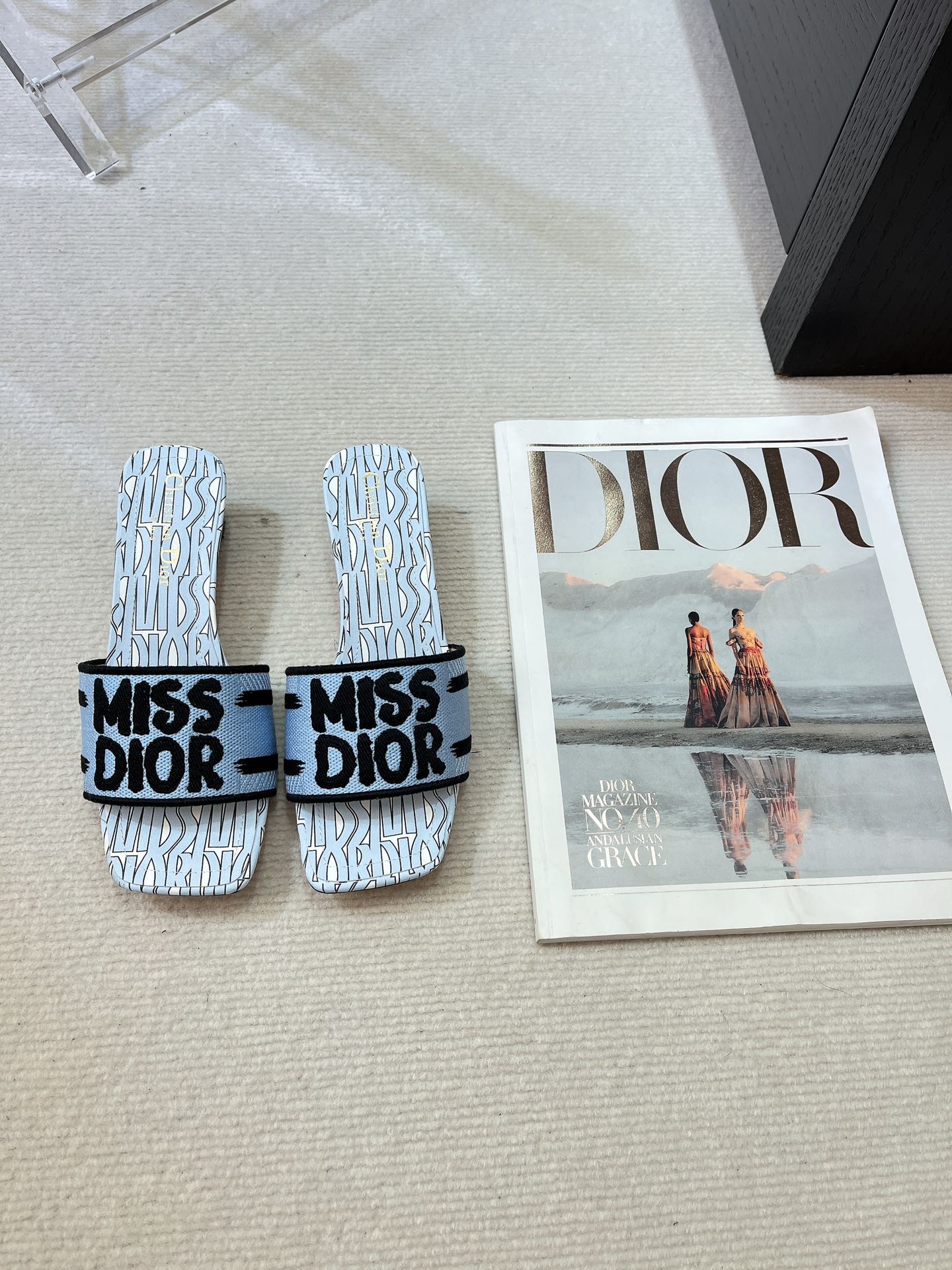 DIOR dway heeled slide 35 embroidered cotton cloud blue miss alllover motif
