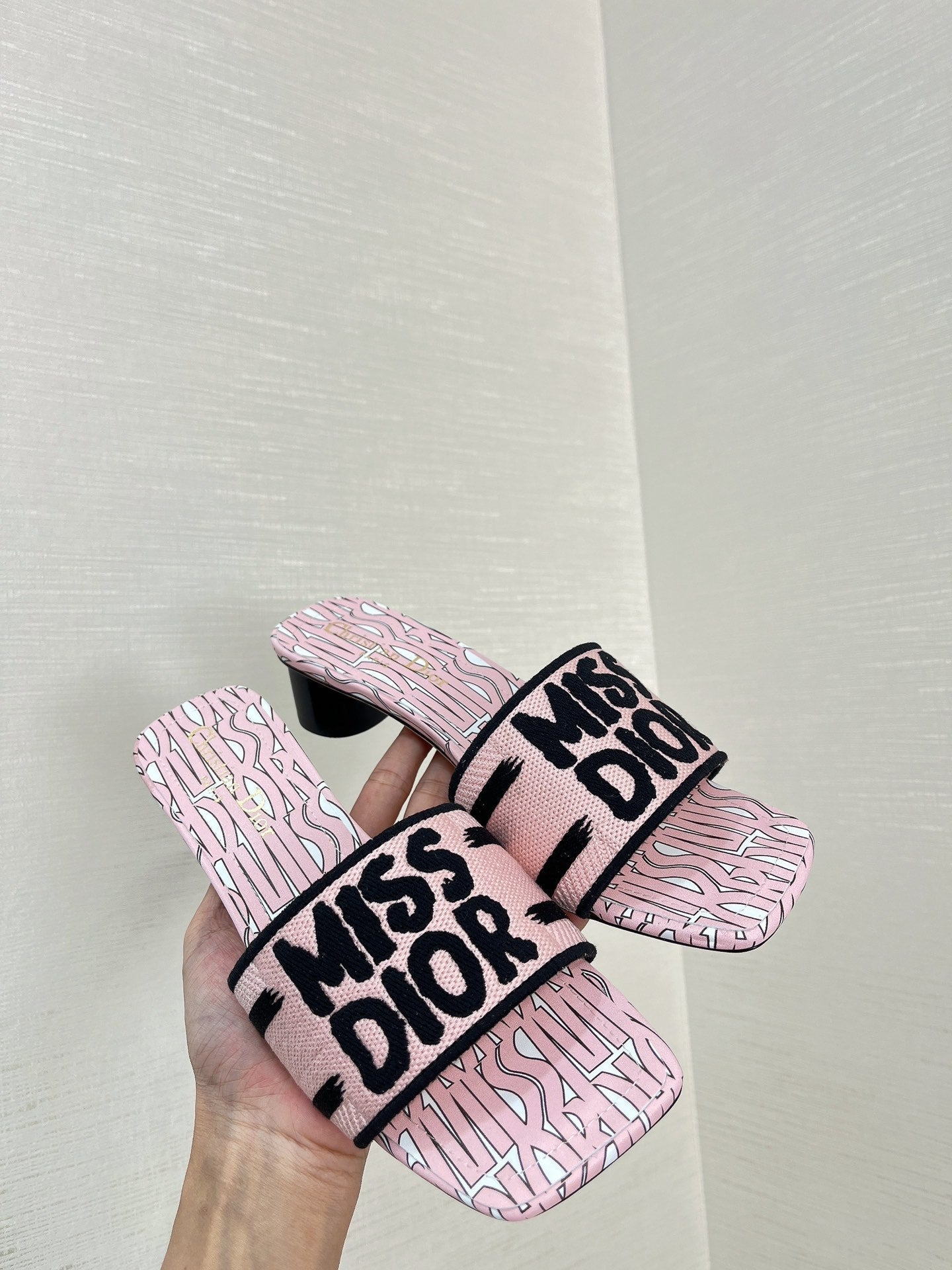 DIOR dway heeled slide 35 embroidered cotton pink miss alllover motif