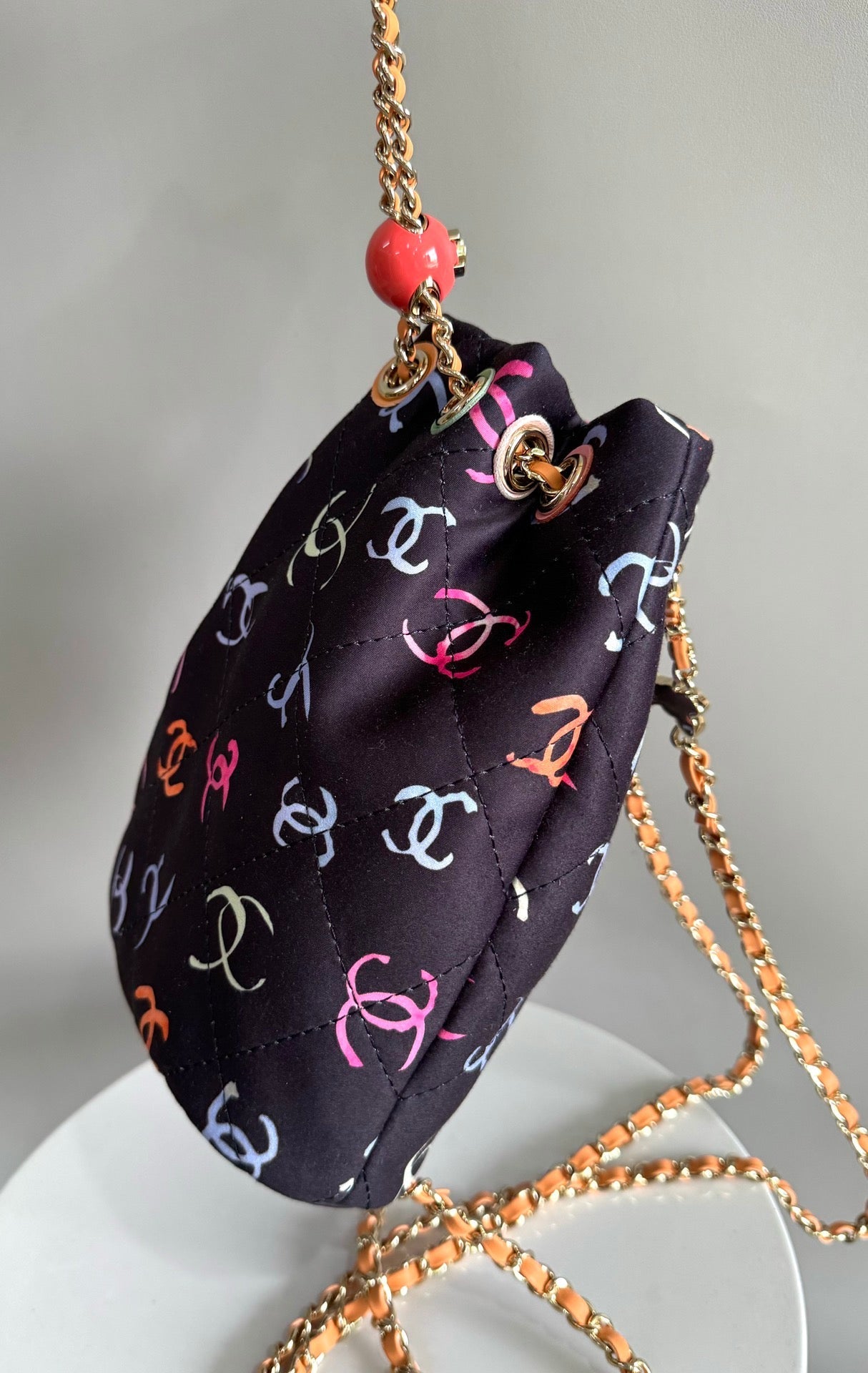 CHANEL BACKPACK 22CM BLACK & MANY OTHER COLORS PRINTED FABRIC GOLD HARDWARE