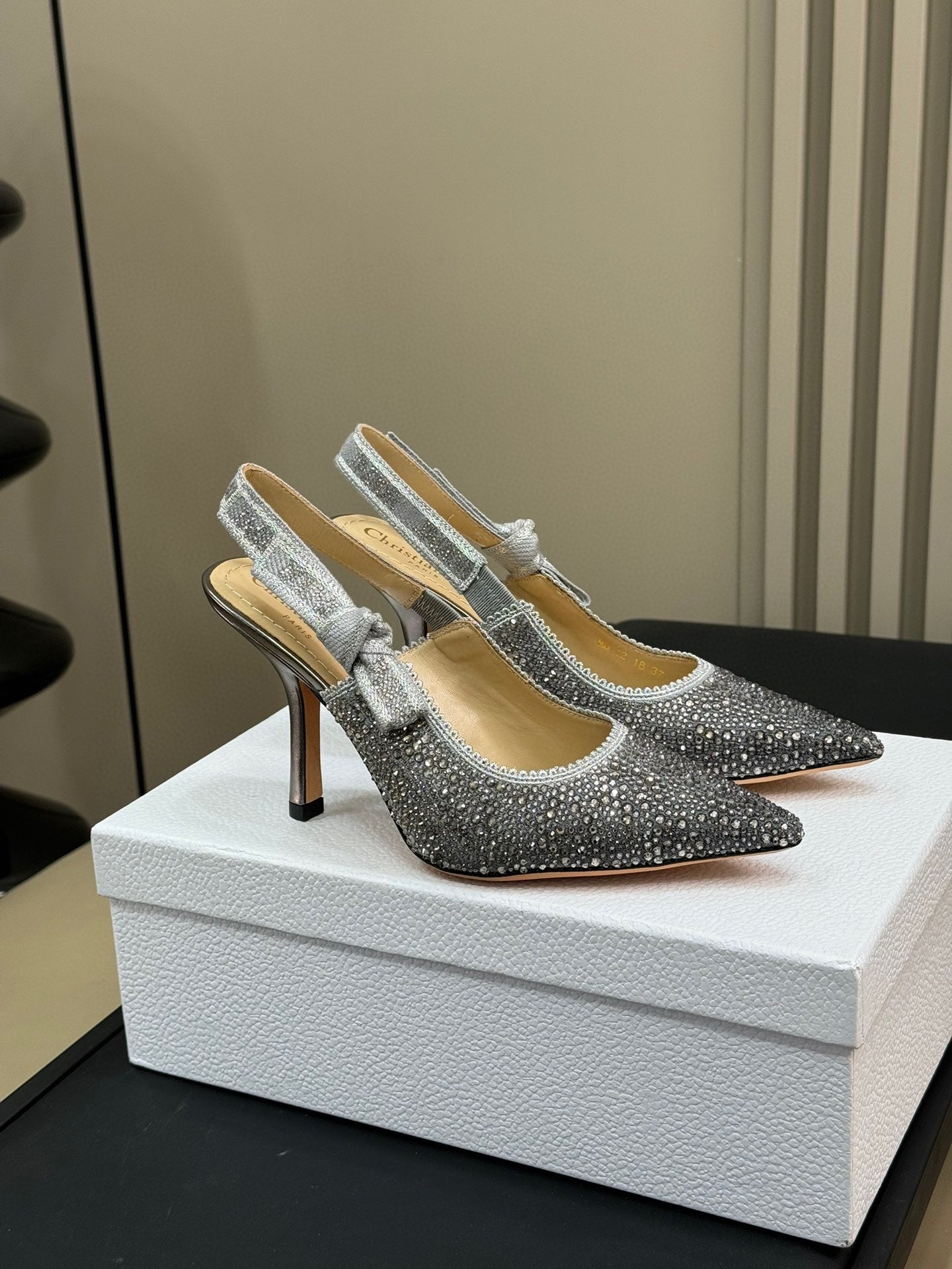 DIOR J'A DIOR Slingback Black Silver-tone Cotton Microbeads