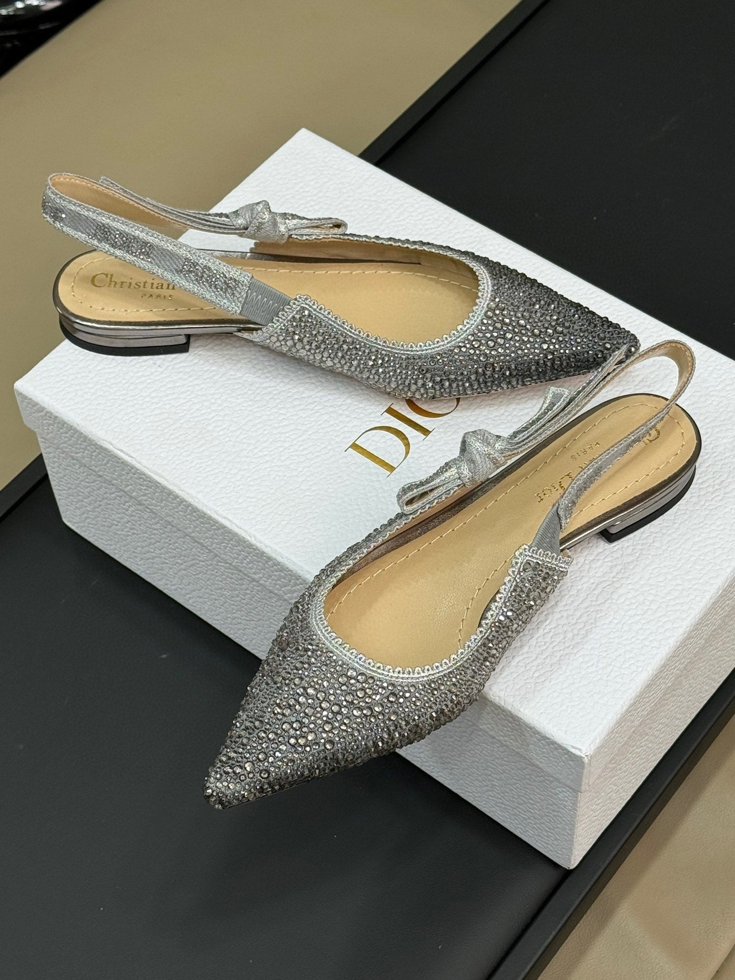DIOR J'A DIOR Slingback Black Silver-tone Cotton Microbeads