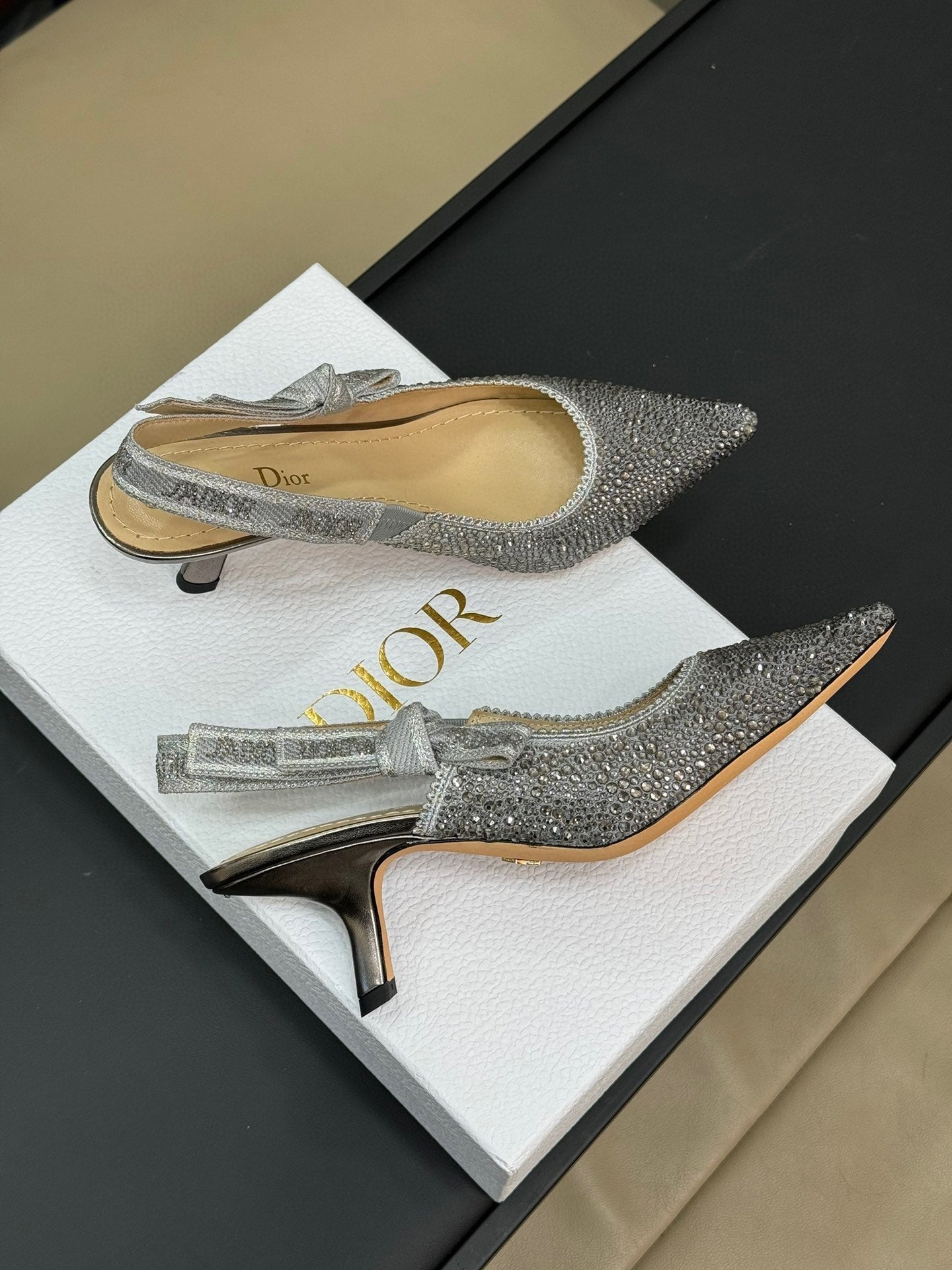 DIOR J'A DIOR Slingback Black Silver-tone Cotton Microbeads