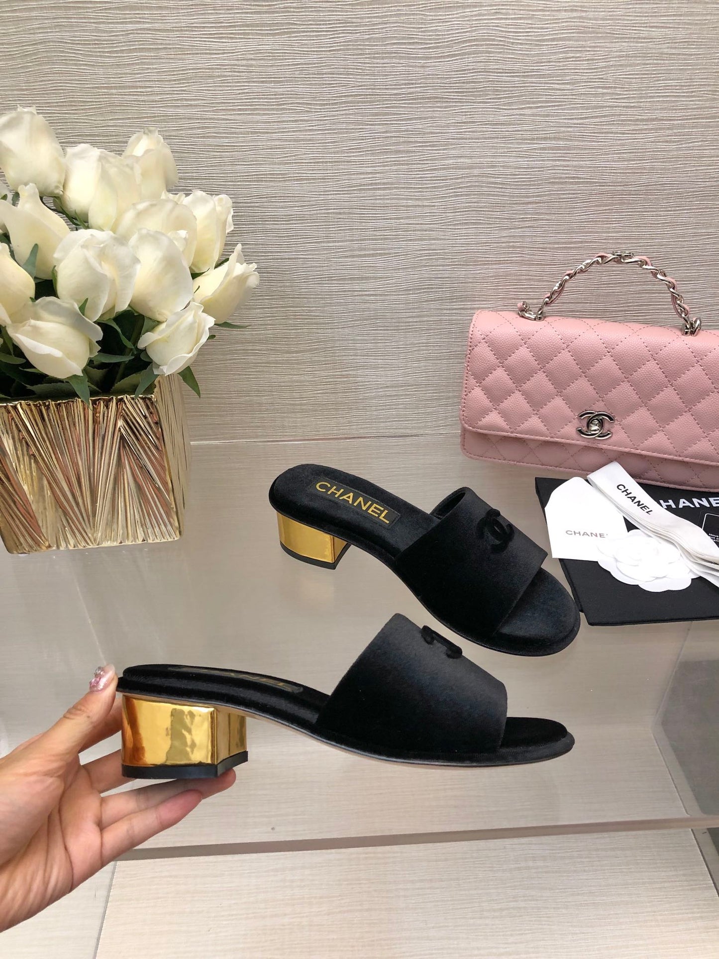 CHANEL 25C Mid Heel Mule Black Velvet Substance 212952