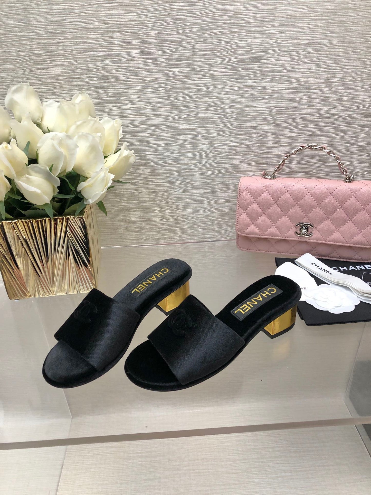 CHANEL 25C Mid Heel Mule Black Velvet Substance 212952
