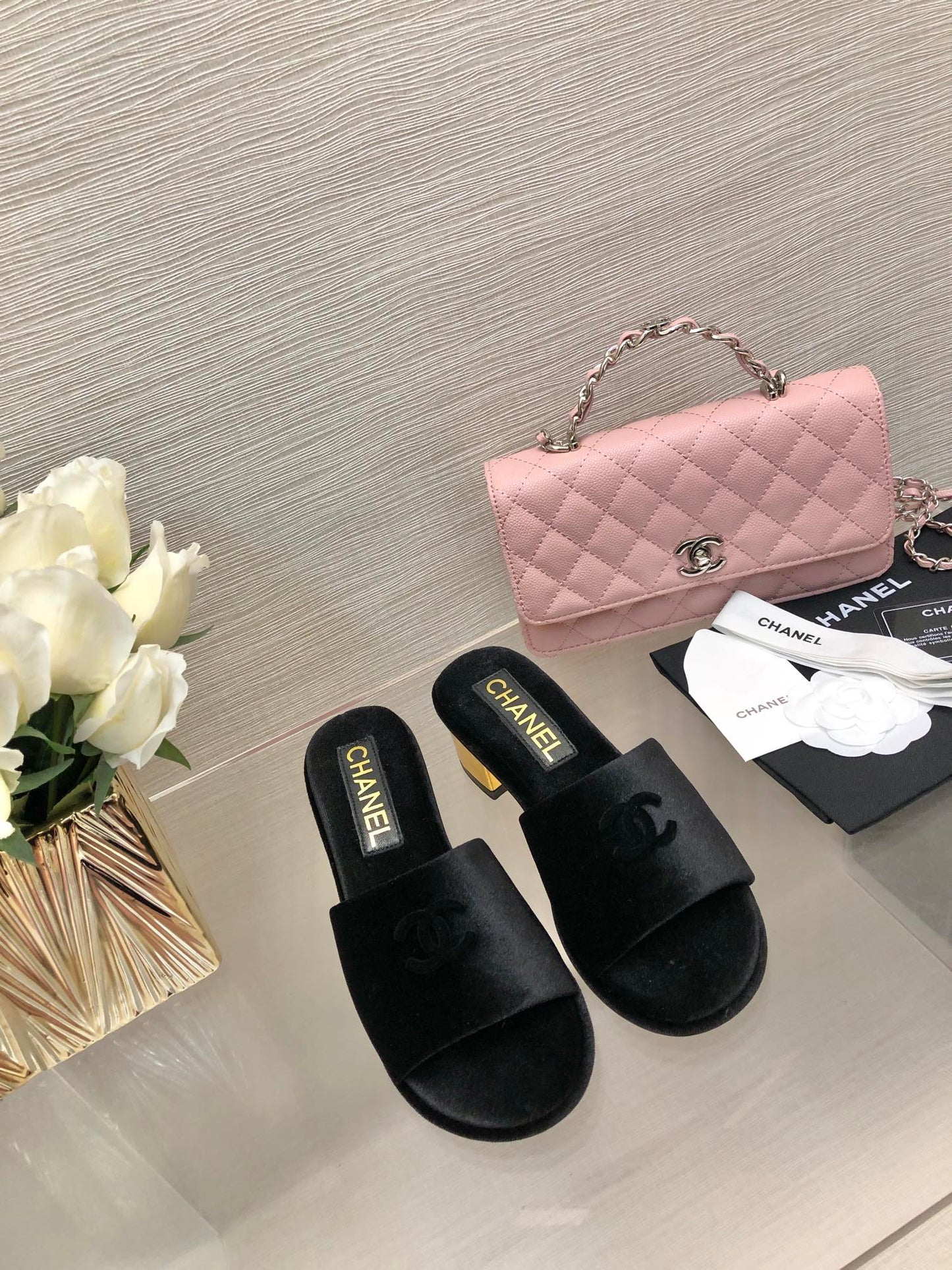 CHANEL 25C Mid Heel Mule Black Velvet Substance 212952