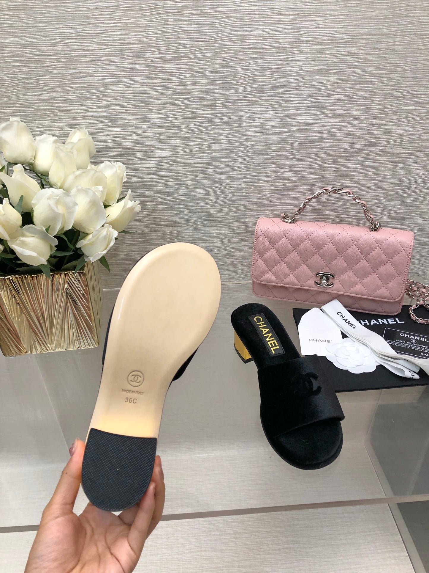 CHANEL 25C Mid Heel Mule Black Velvet Substance 212952
