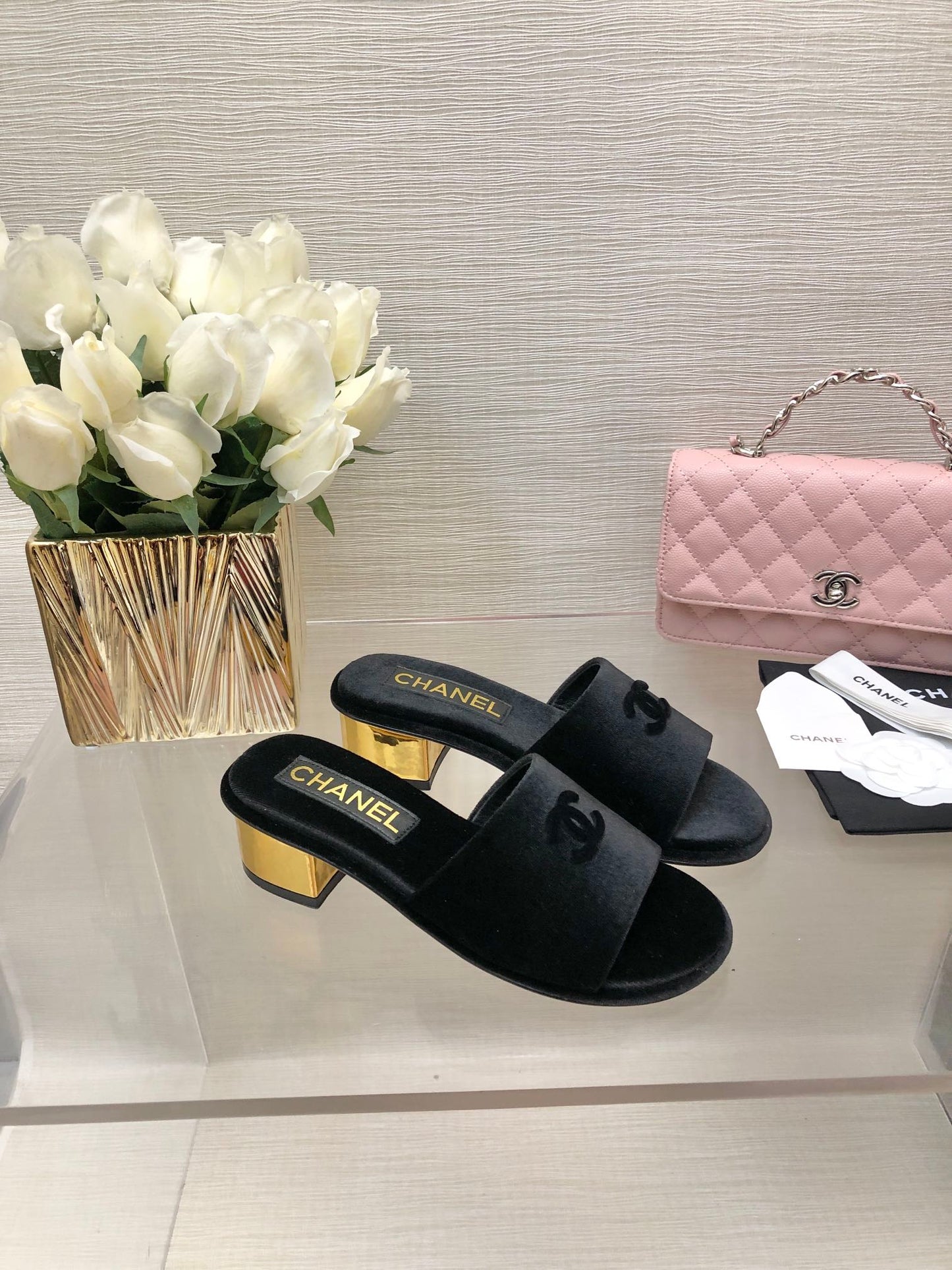 CHANEL 25C Mid Heel Mule Black Velvet Substance 212952