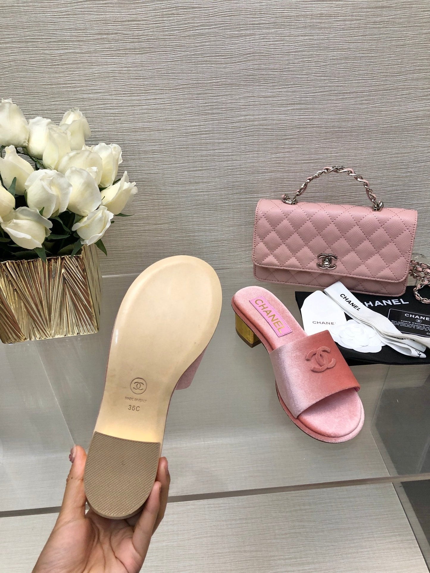 CHANEL 25C Mid Heel Mule Pink Velvet Substance 212953