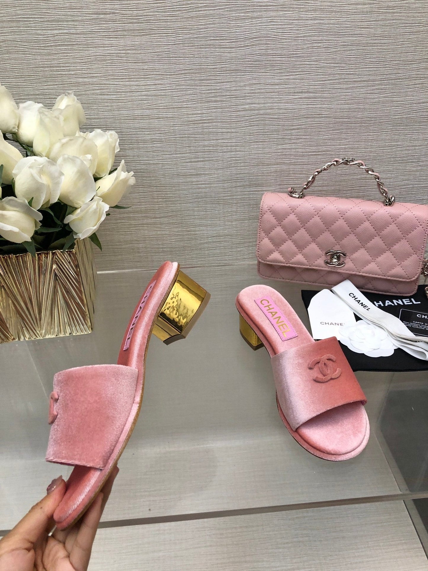 CHANEL 25C Mid Heel Mule Pink Velvet Substance 212953