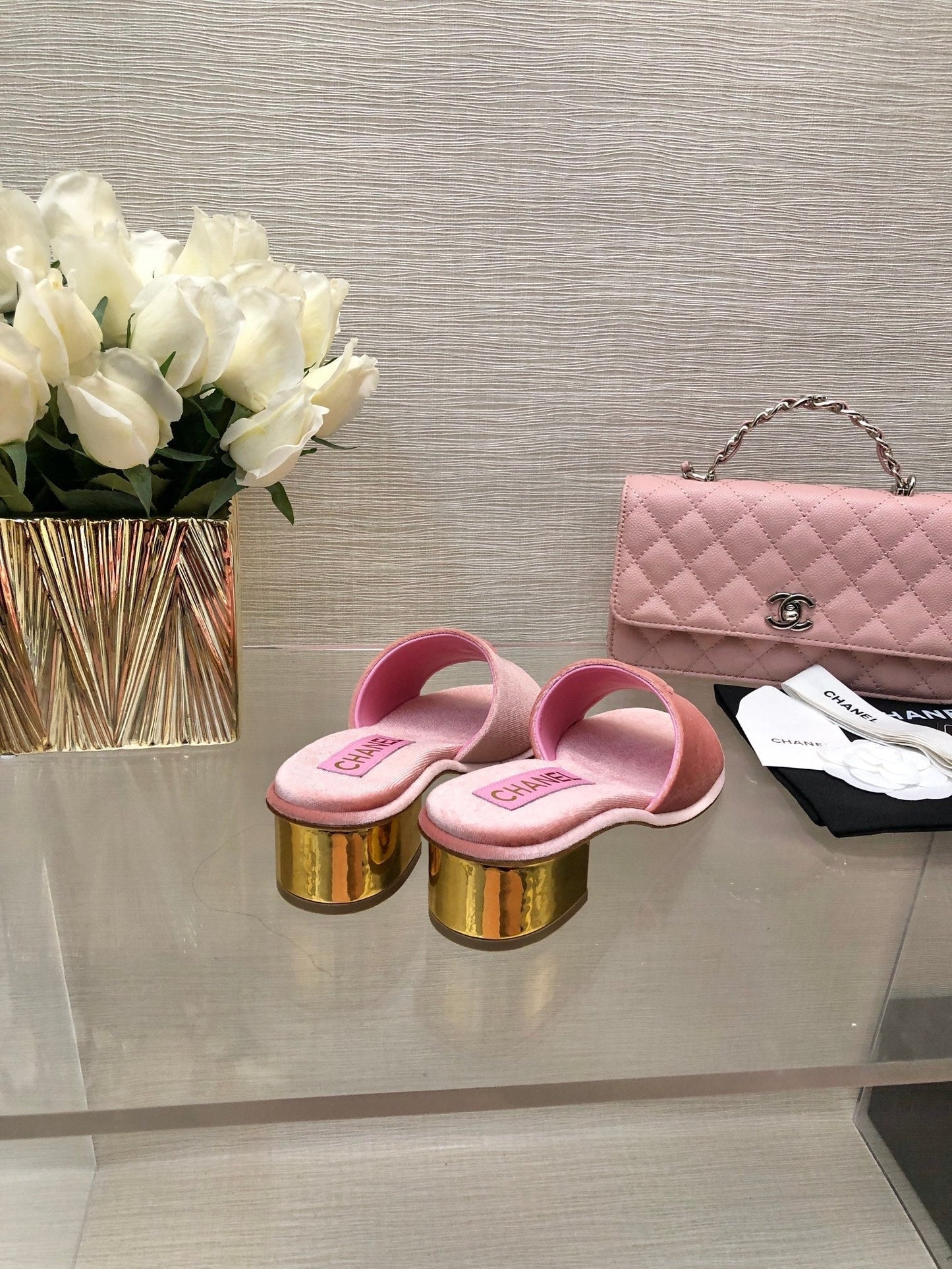 CHANEL 25C Mid Heel Mule Pink Velvet Substance 212953