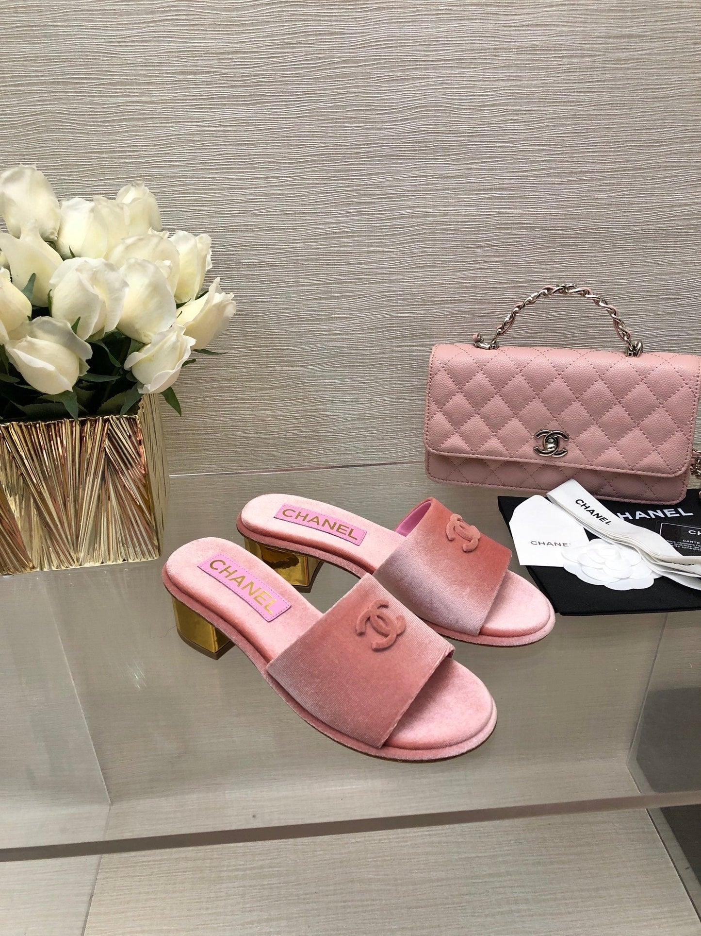 CHANEL 25C Mid Heel Mule Pink Velvet Substance 212953