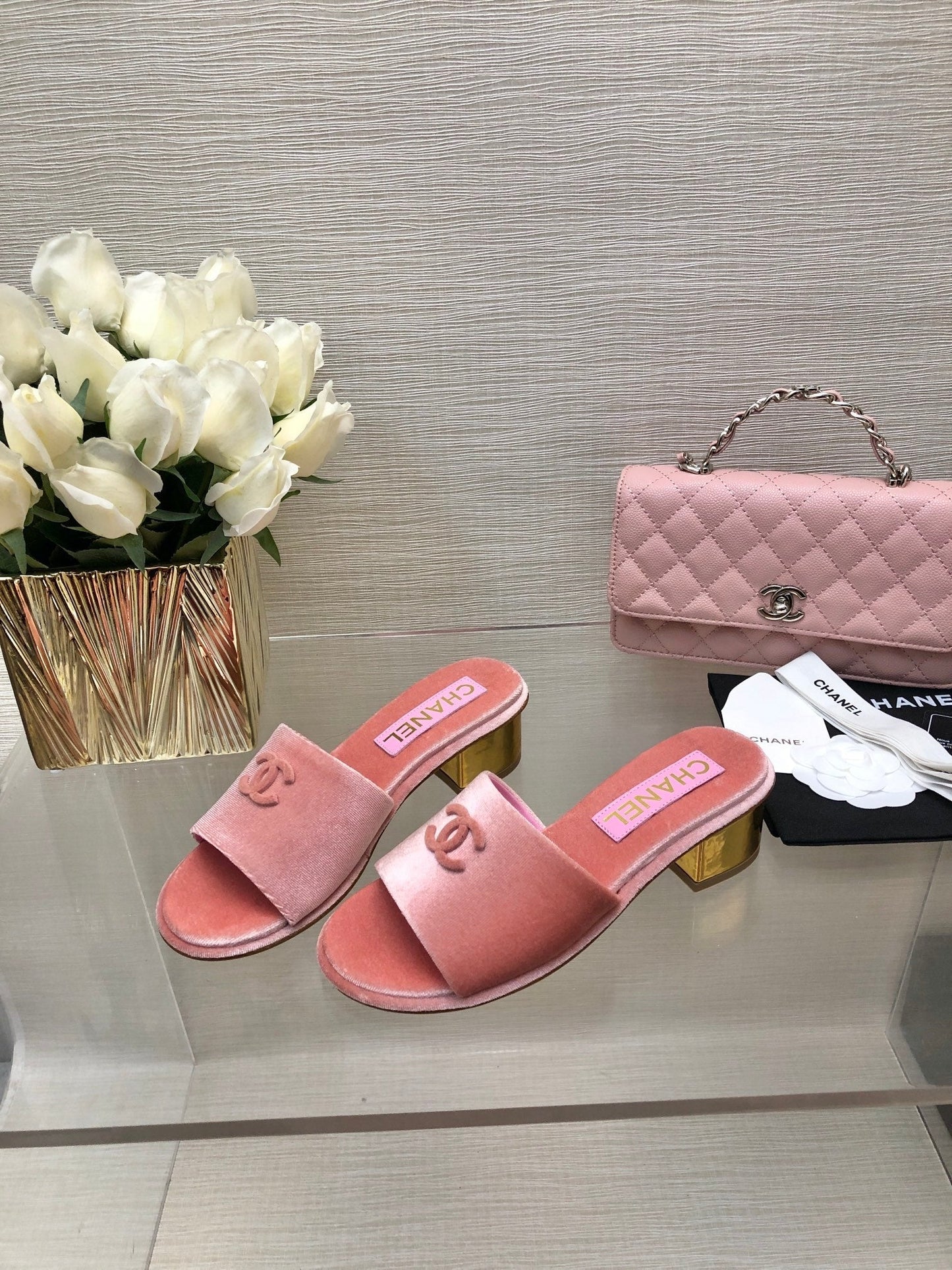 CHANEL 25C Mid Heel Mule Pink Velvet Substance 212953